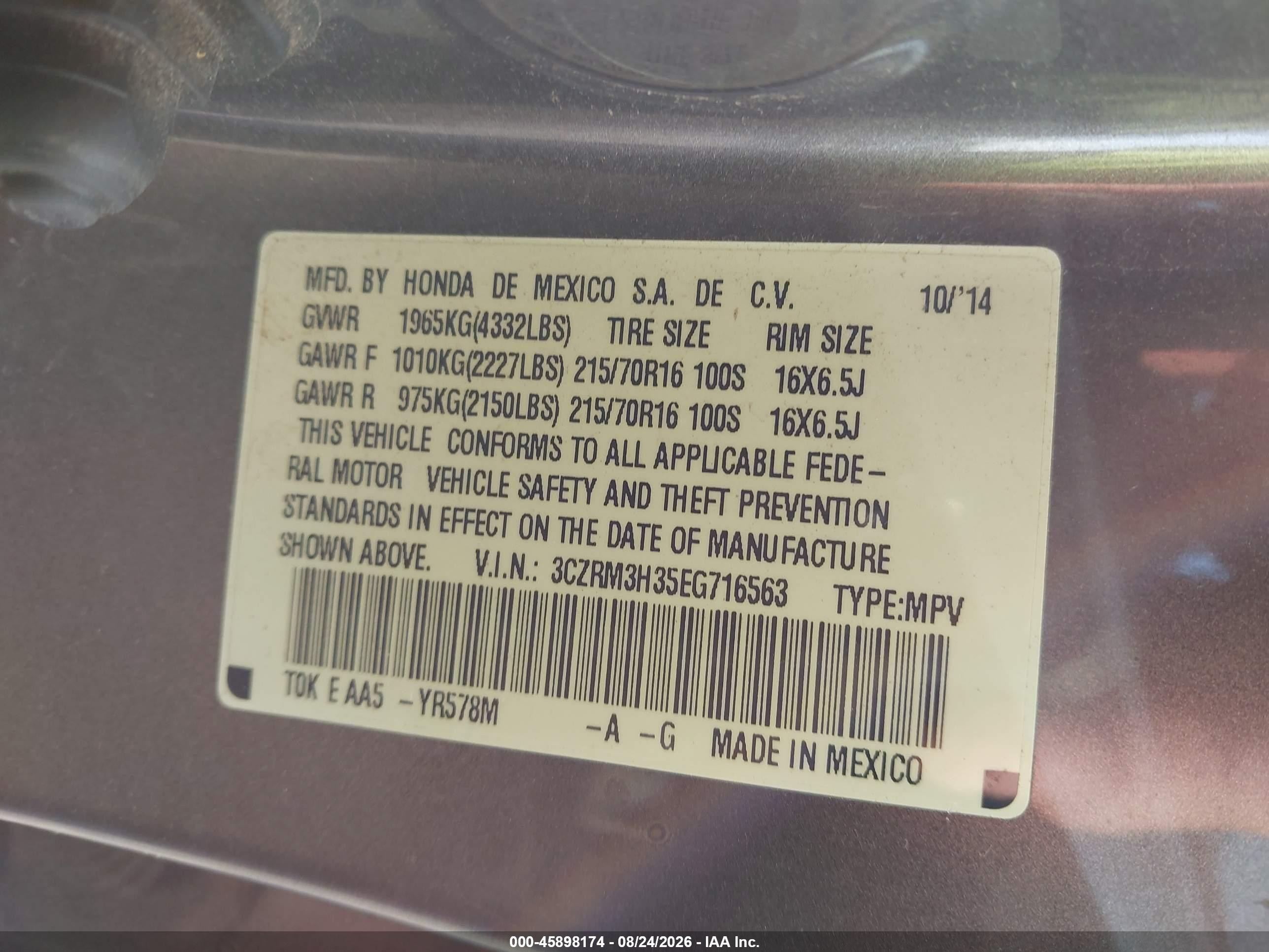 2014 Honda Cr-v Lx Gray vin: 3CZRM3H35EG716563
