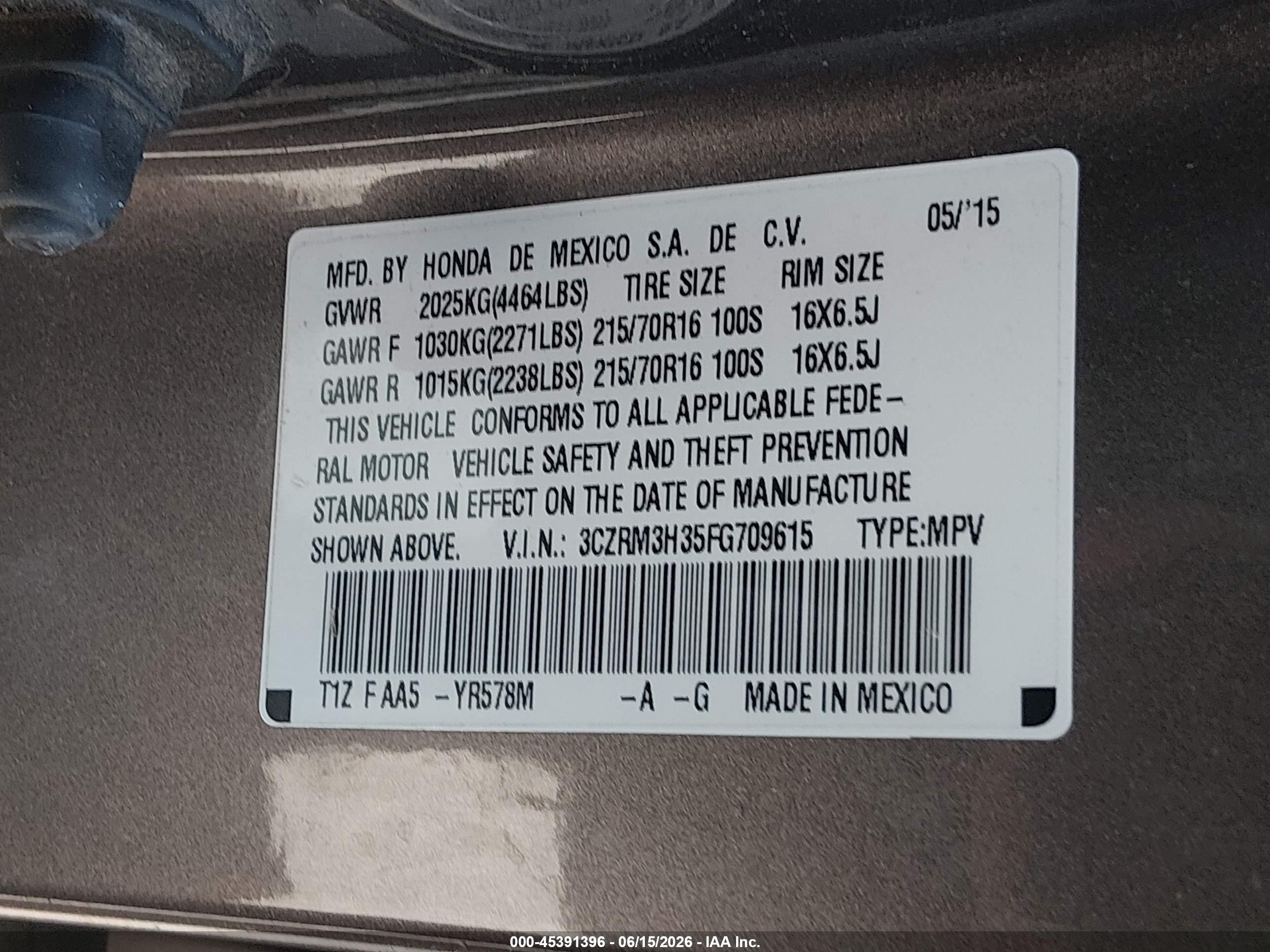 2015 Honda Cr-v Lx Серый vin: 3CZRM3H35FG709615