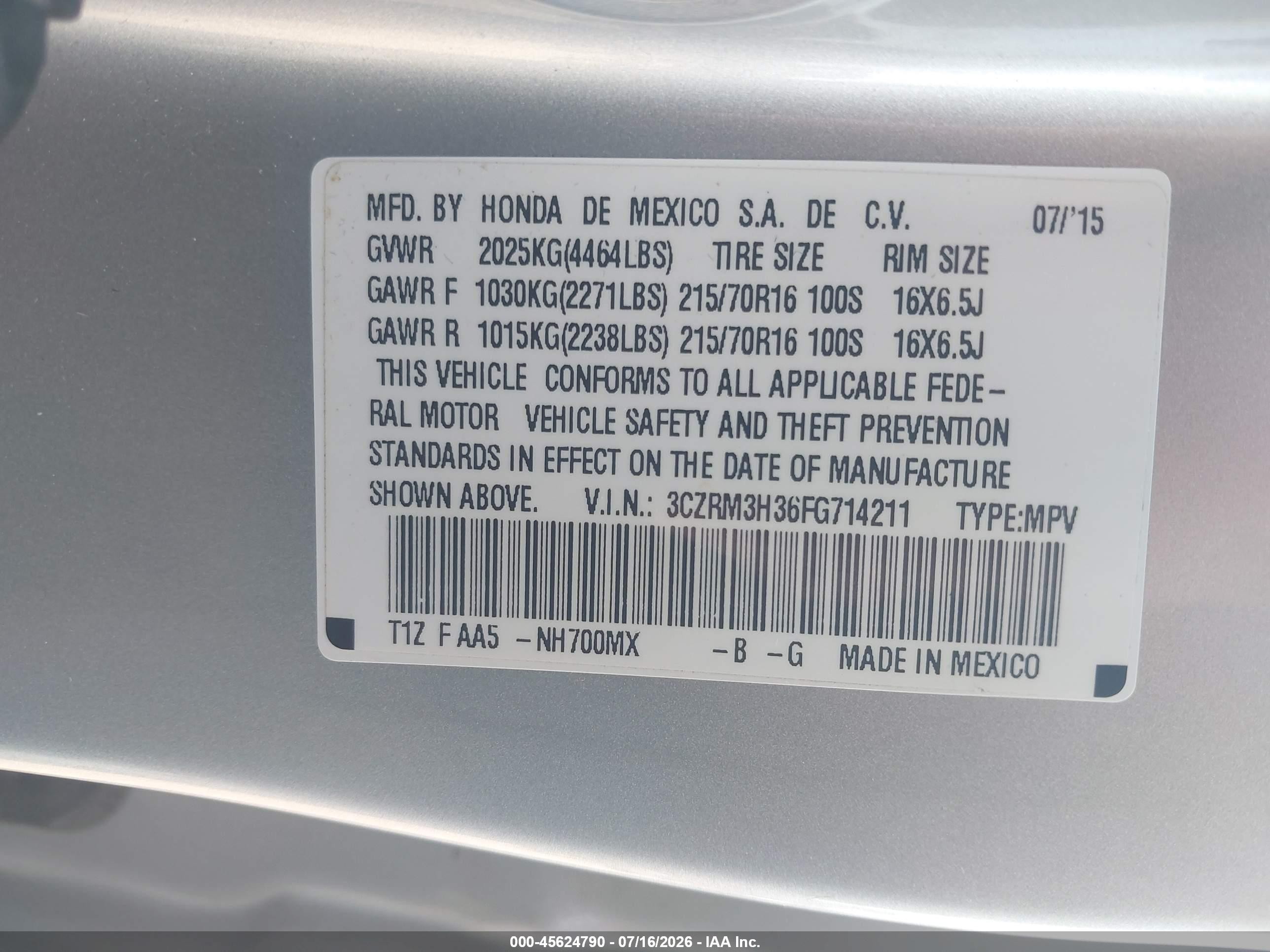 2015 Honda Cr-v Lx Silver vin: 3CZRM3H36FG714211