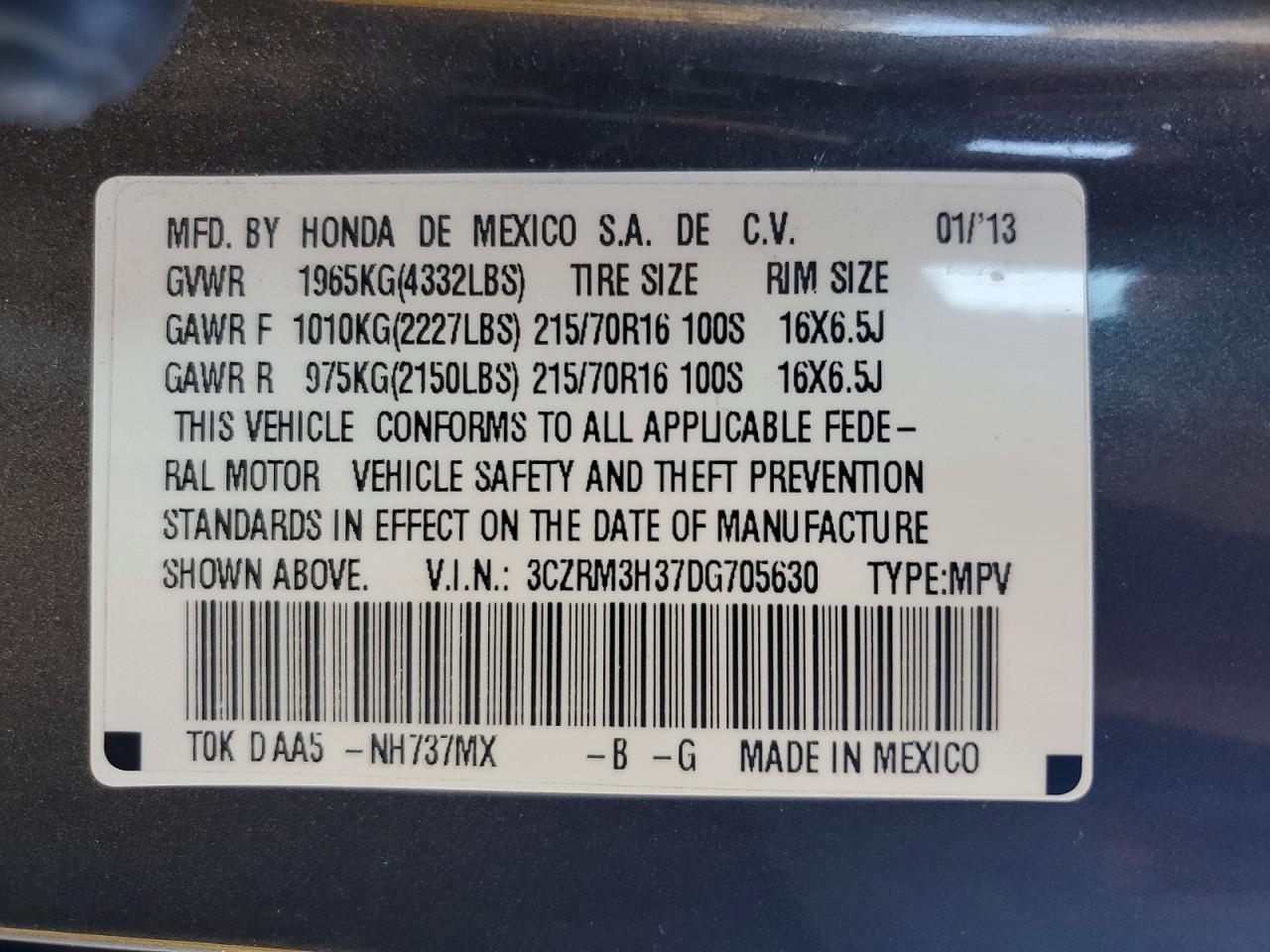 2013 Honda Cr-v Lx Gray vin: 3CZRM3H37DG705630