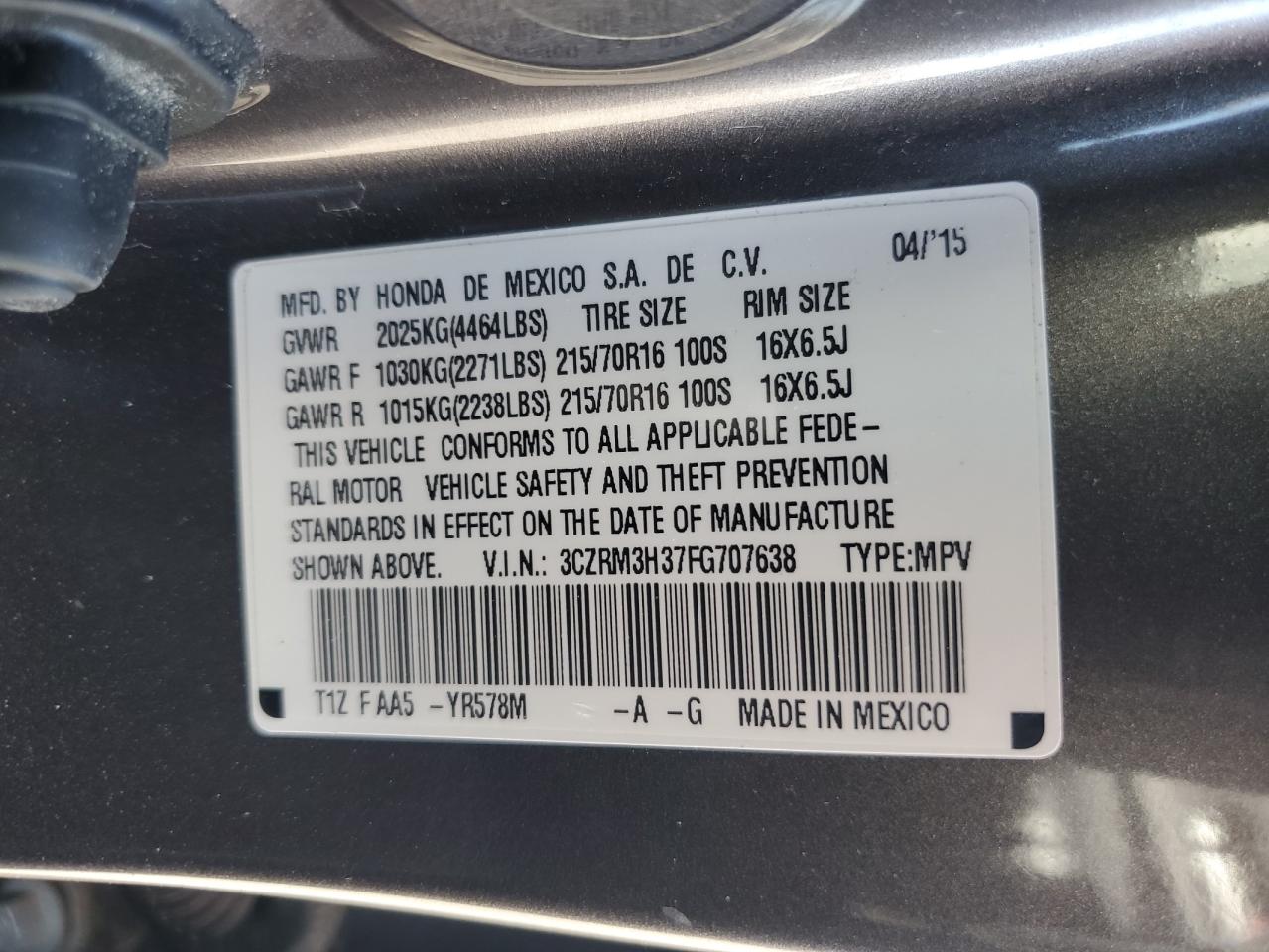 2015 Honda Cr-v Lx Gray vin: 3CZRM3H37FG707638