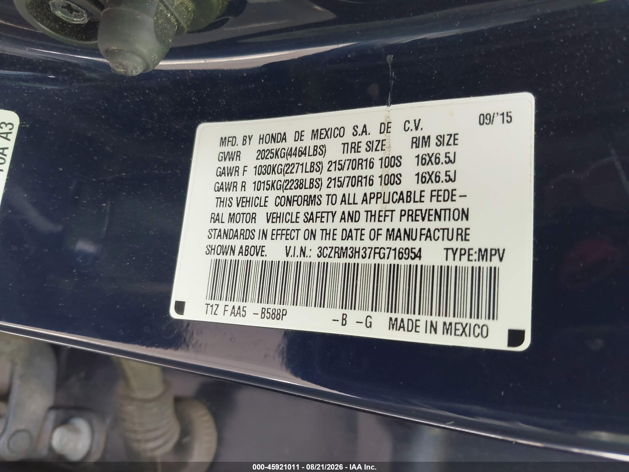 2015 Honda Cr-v Lx Blue vin: 3CZRM3H37FG716954