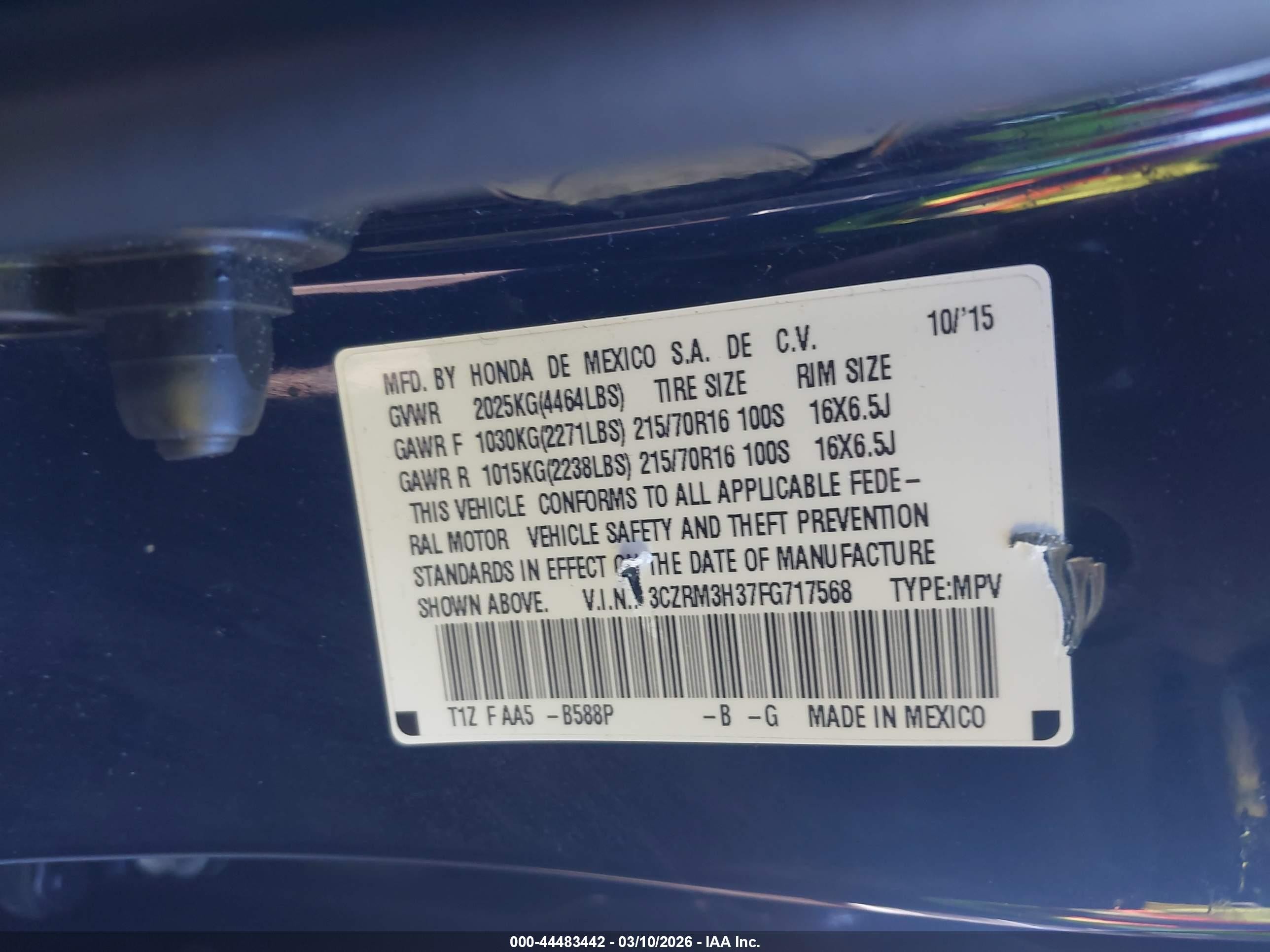 2015 Honda Cr-v Lx Blue vin: 3CZRM3H37FG717568