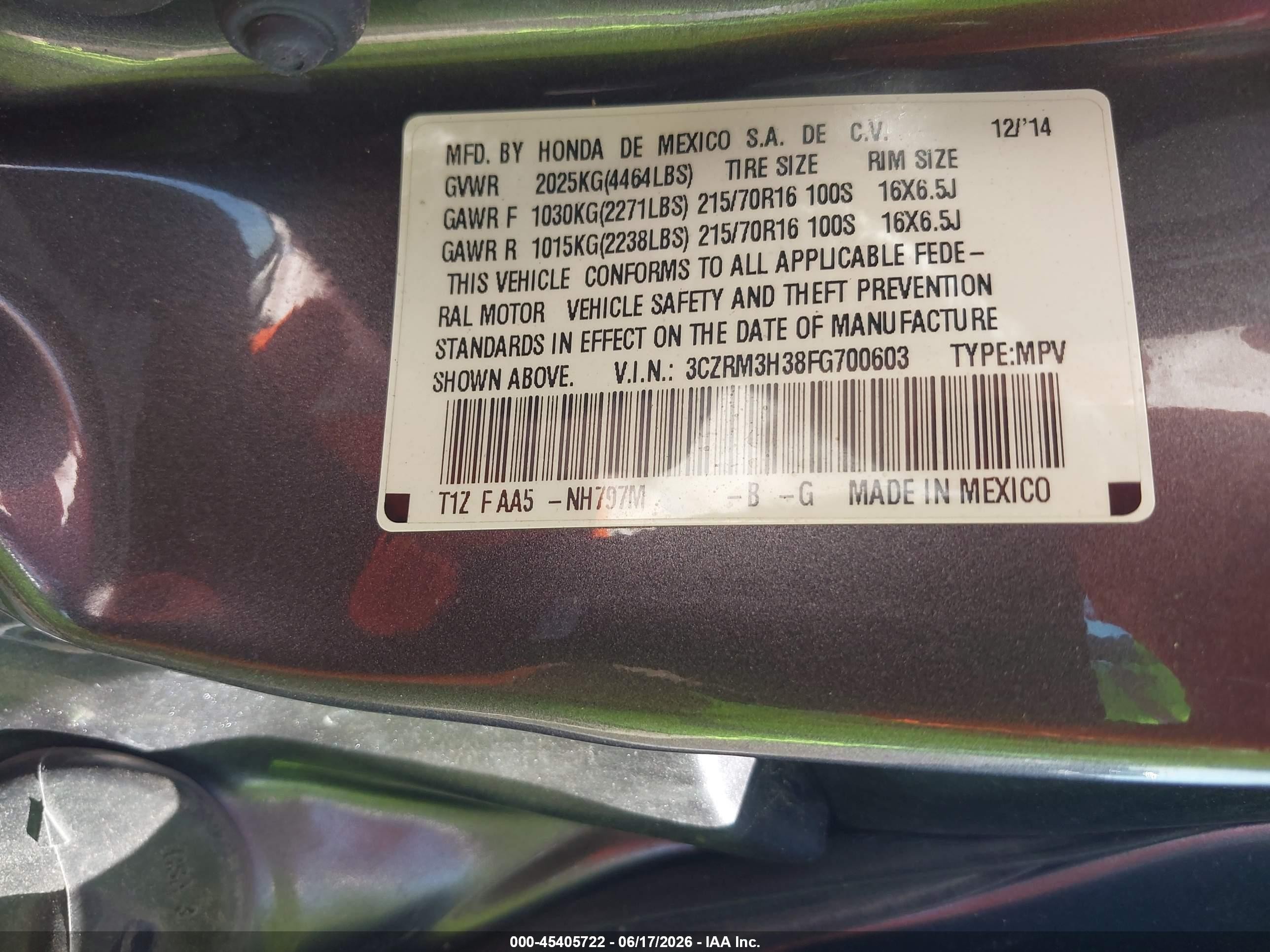 2015 Honda Cr-v Lx Серый vin: 3CZRM3H38FG700603