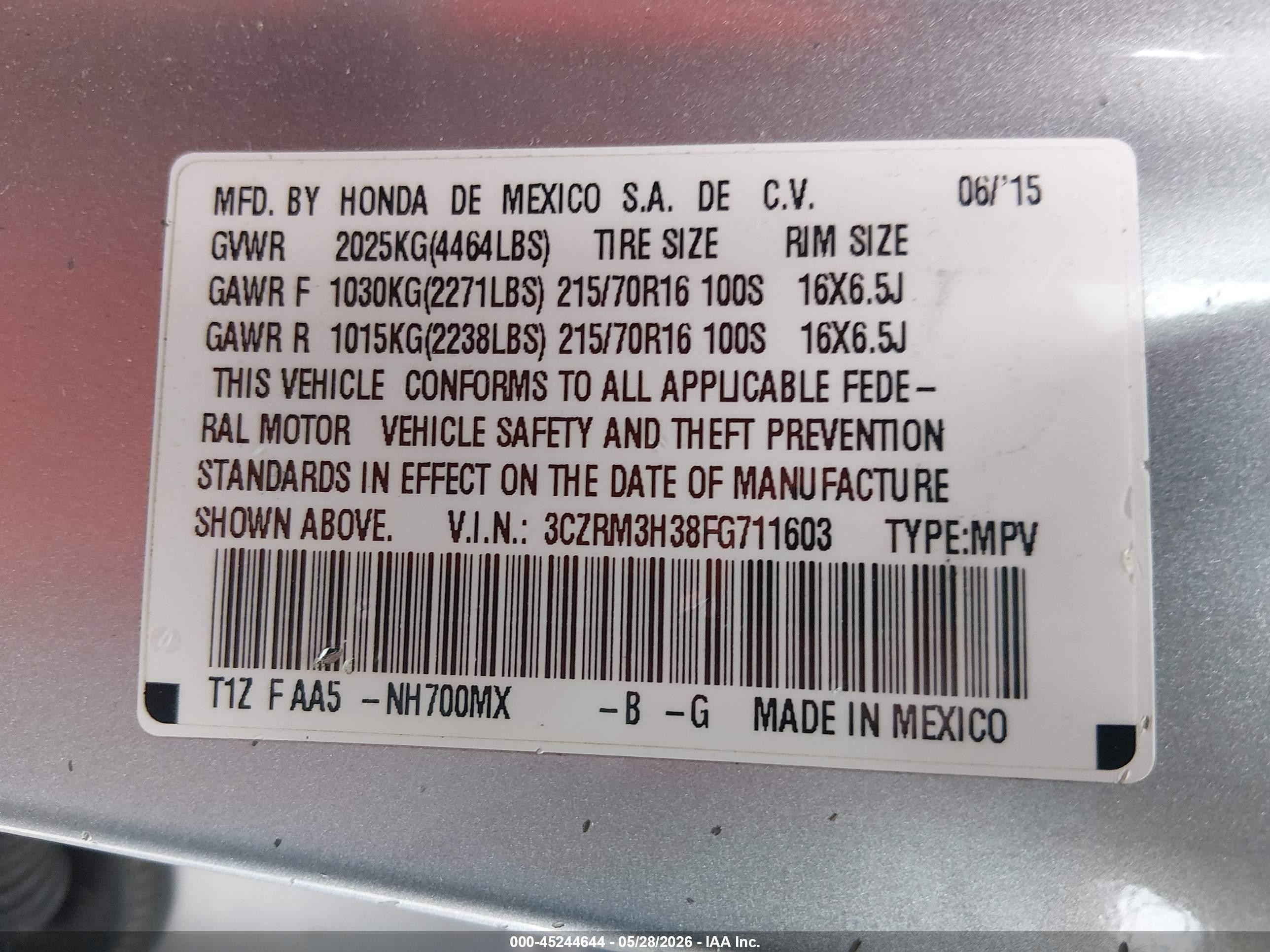2015 Honda Cr-v Lx Silver vin: 3CZRM3H38FG711603