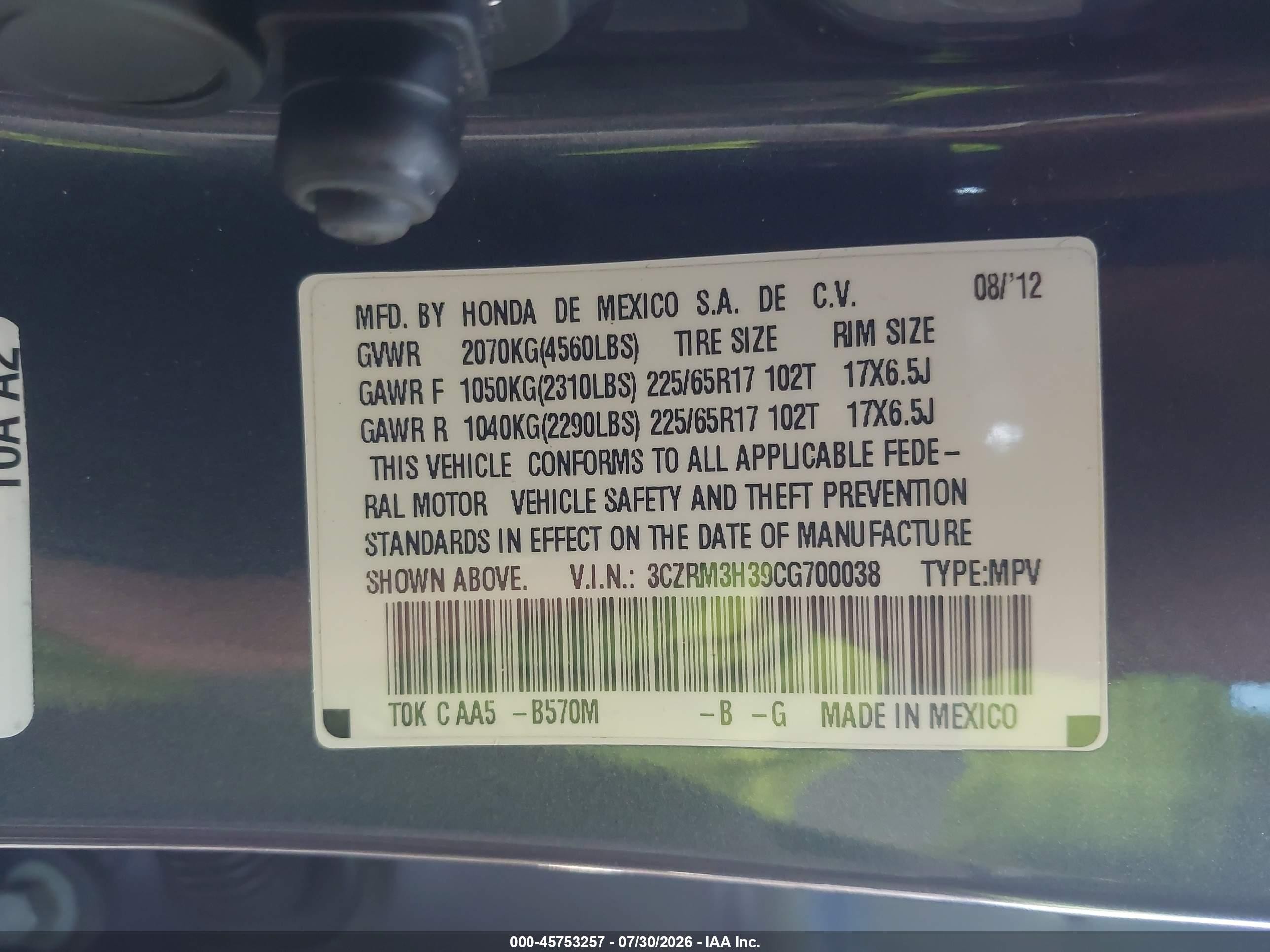 2012 Honda Cr-v Lx Blue vin: 3CZRM3H39CG700038