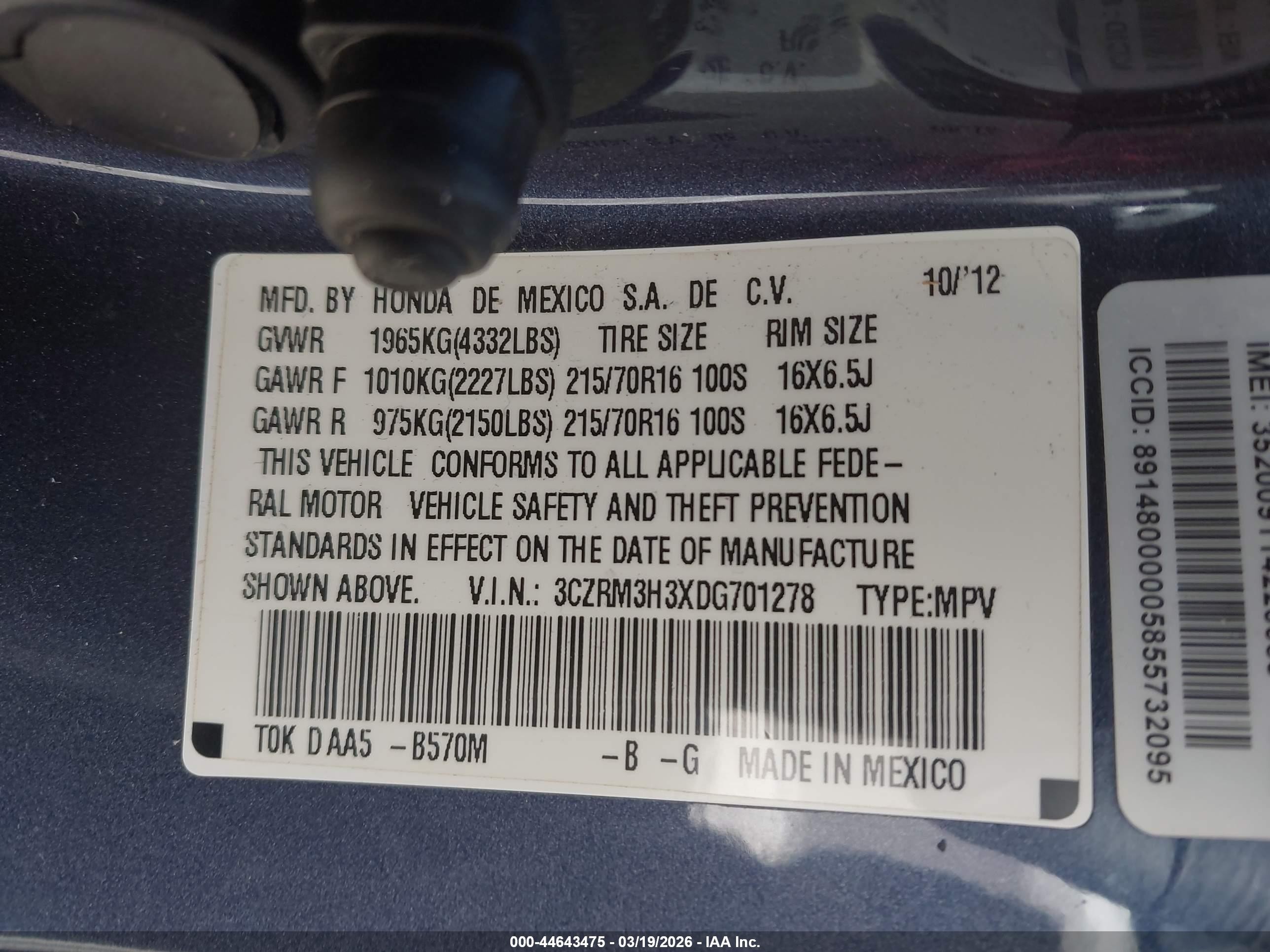 2013 Honda Cr-v Lx Blue vin: 3CZRM3H3XDG701278