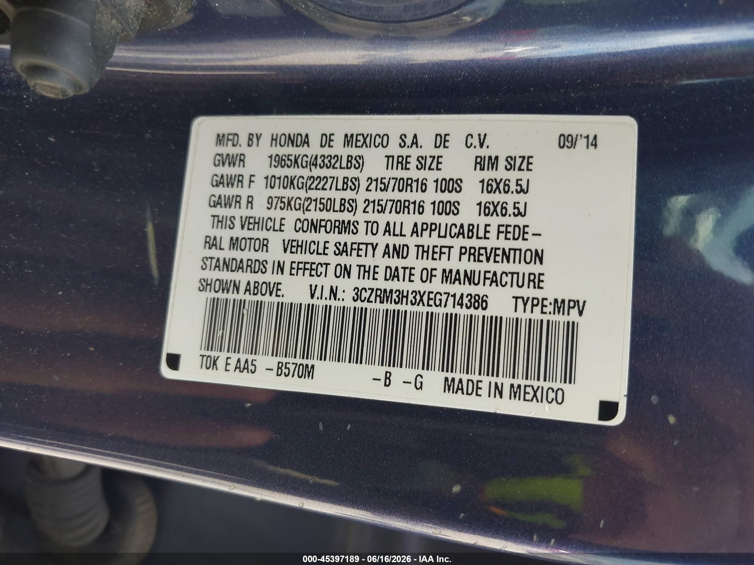 2014 Honda Cr-v Lx Blue vin: 3CZRM3H3XEG714386
