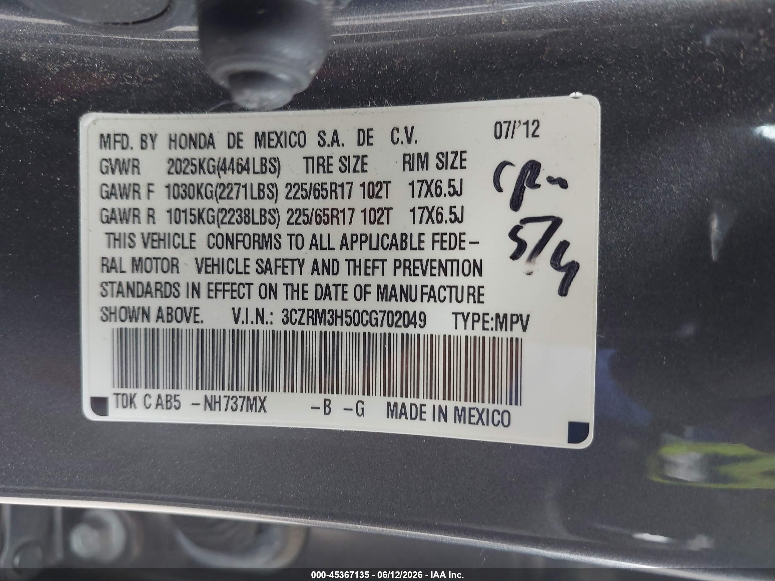 2012 Honda Cr-v Ex Gray vin: 3CZRM3H50CG702049