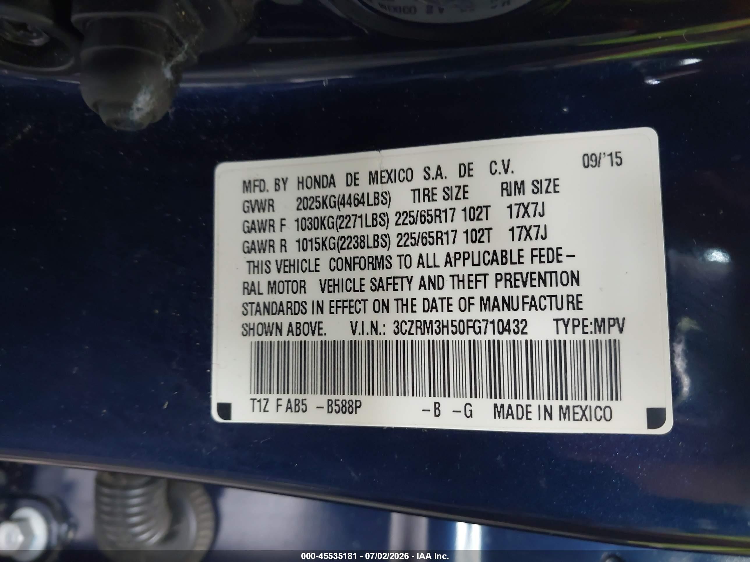 2015 Honda Cr-v Ex Blue vin: 3CZRM3H50FG710432