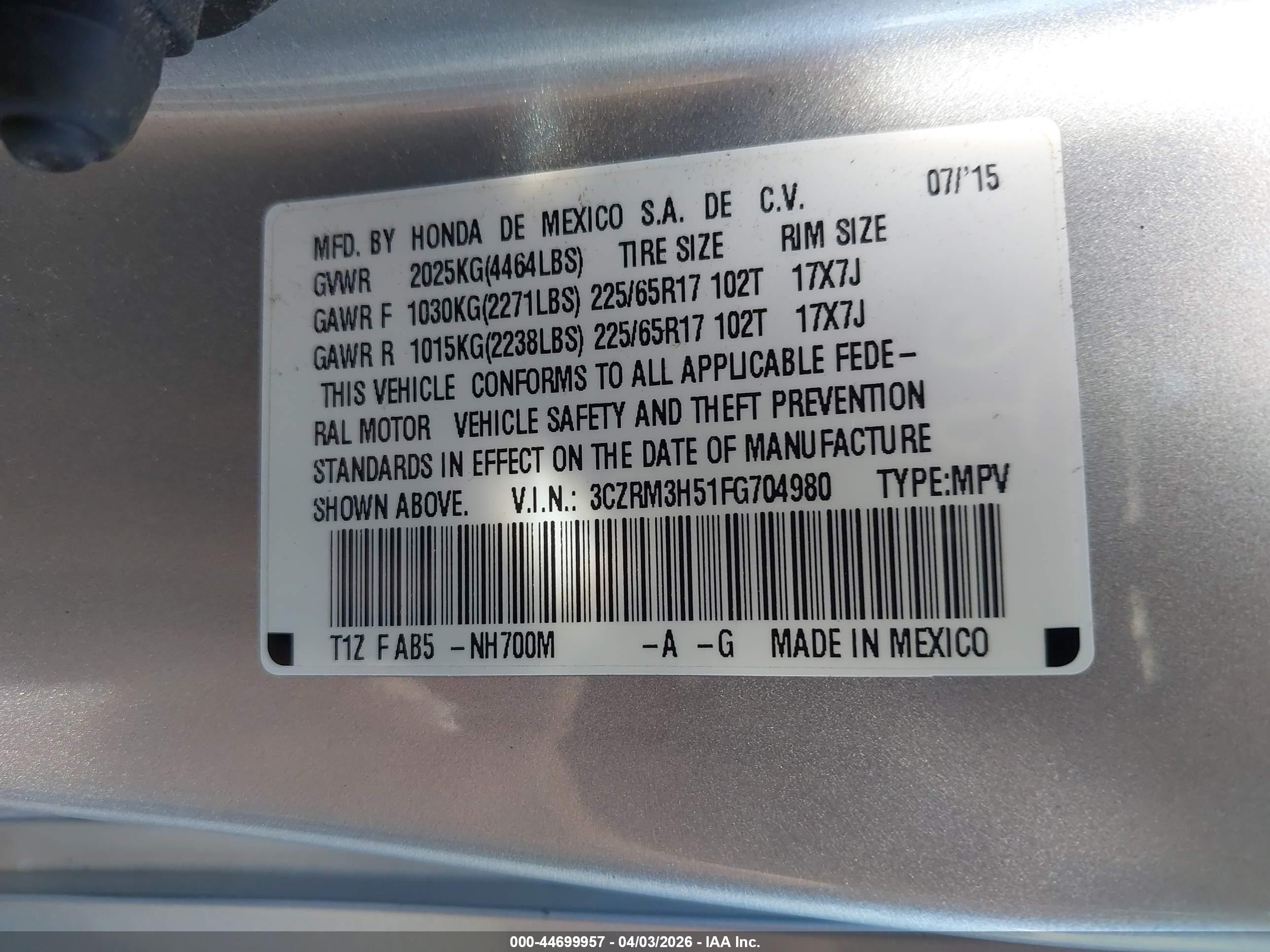 2015 Honda Cr-v Ex Silver vin: 3CZRM3H51FG704980