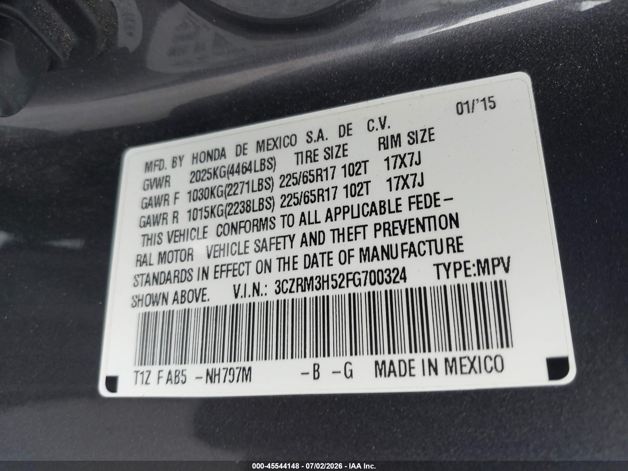 2015 Honda Cr-v Ex Gray vin: 3CZRM3H52FG700324