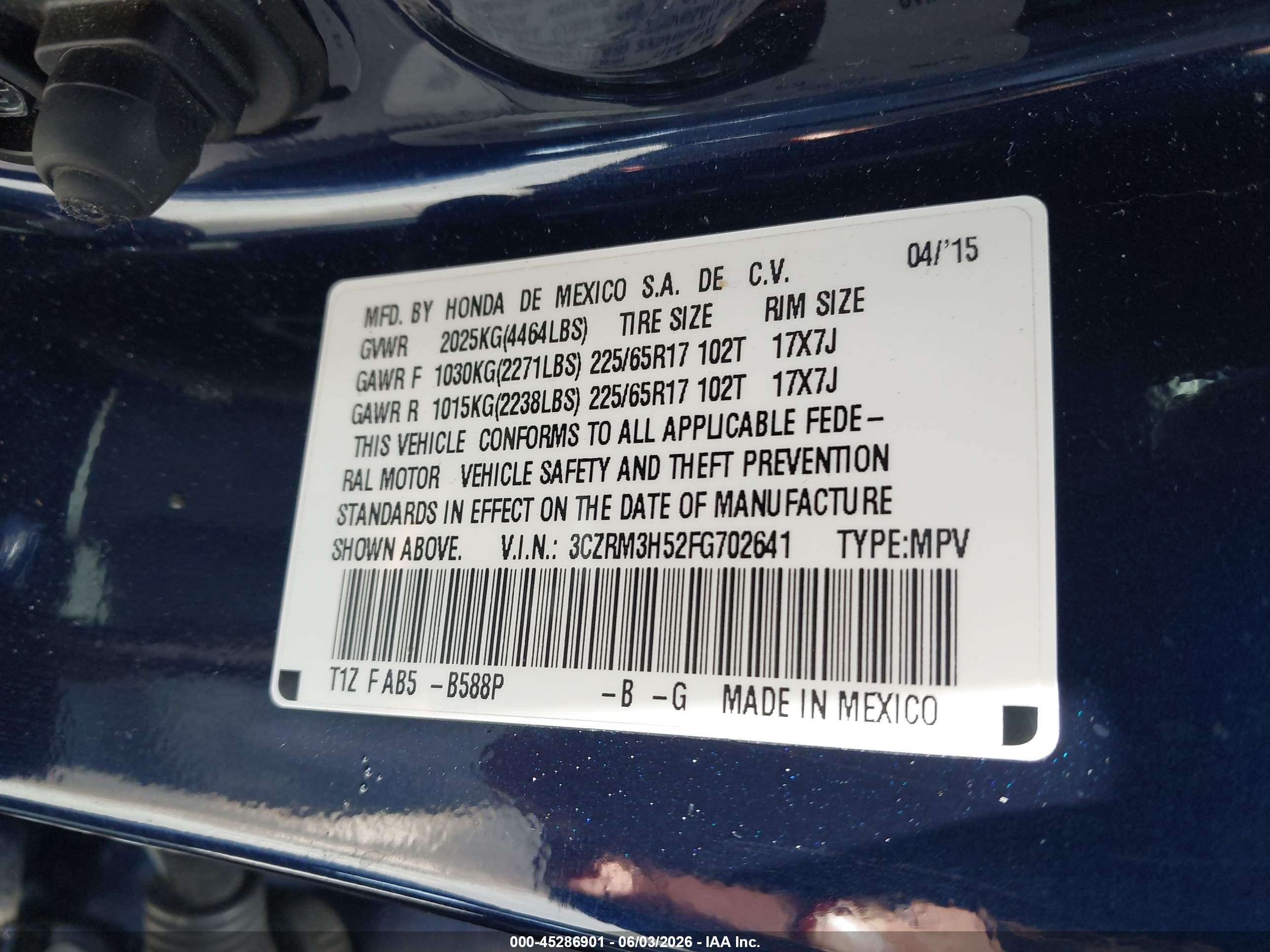 2015 Honda Cr-v Ex Blue vin: 3CZRM3H52FG702641