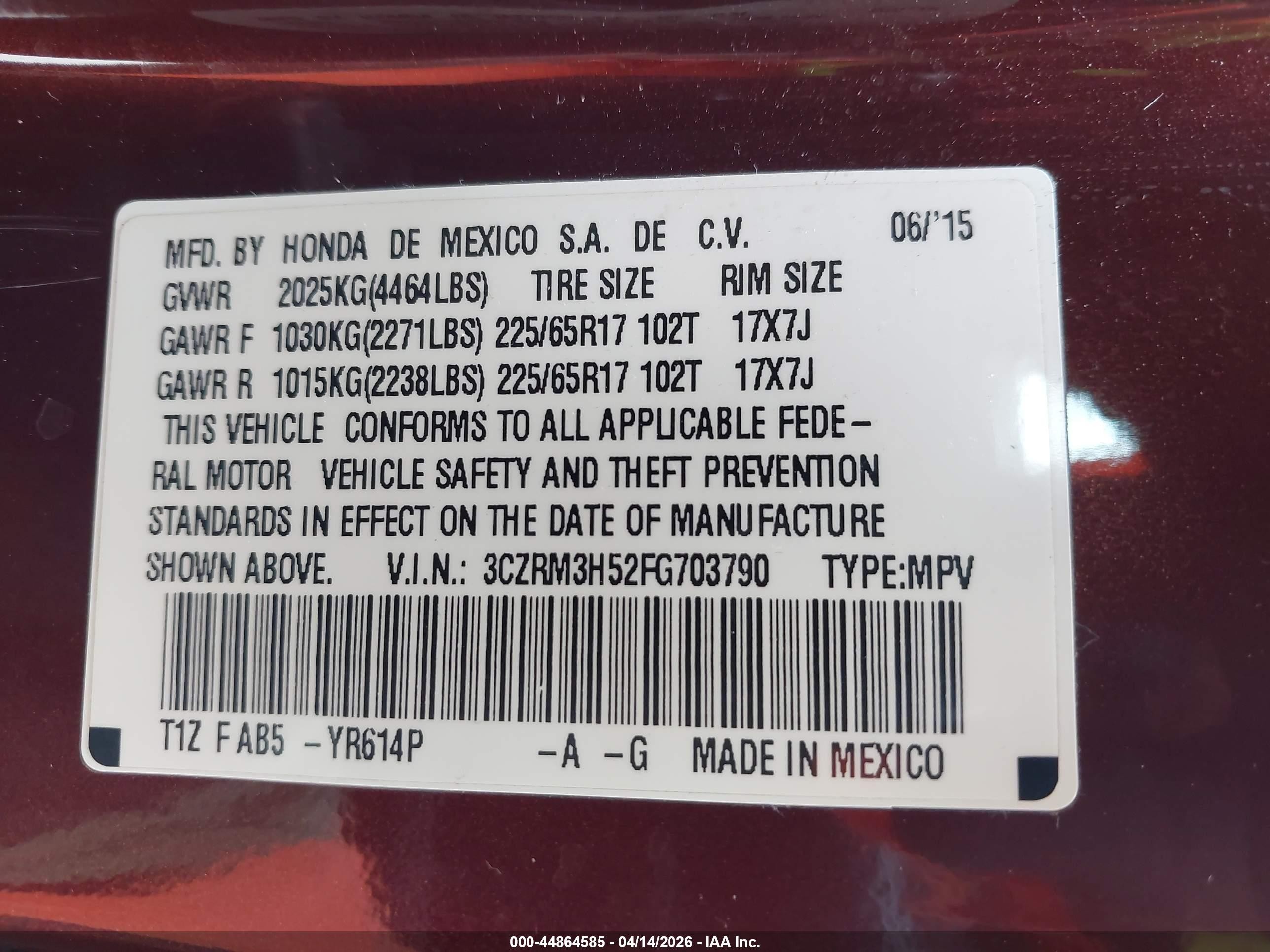 2015 Honda Cr-v Ex Burgundy vin: 3CZRM3H52FG703790