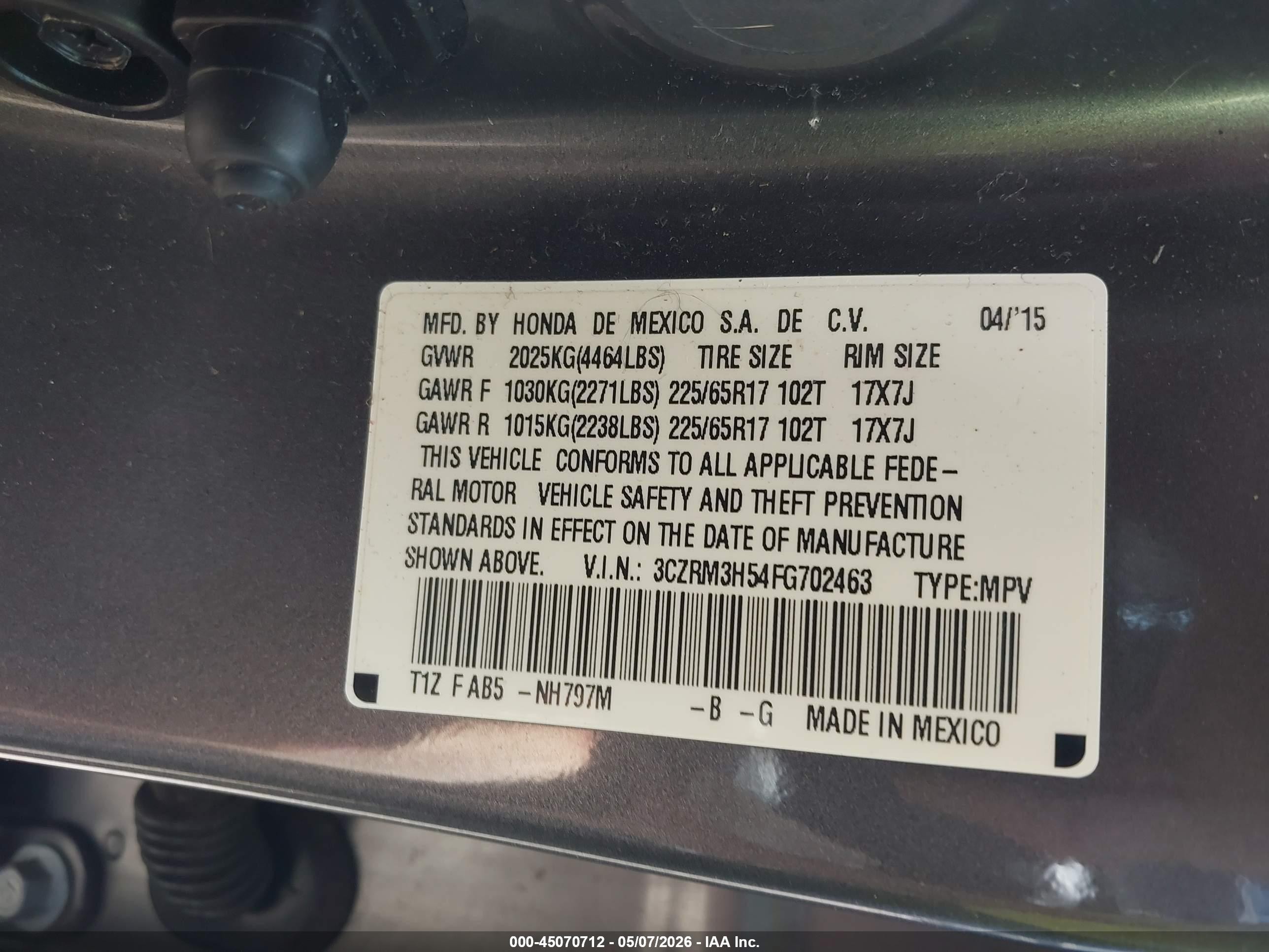 2015 Honda Cr-v Ex Серый vin: 3CZRM3H54FG702463