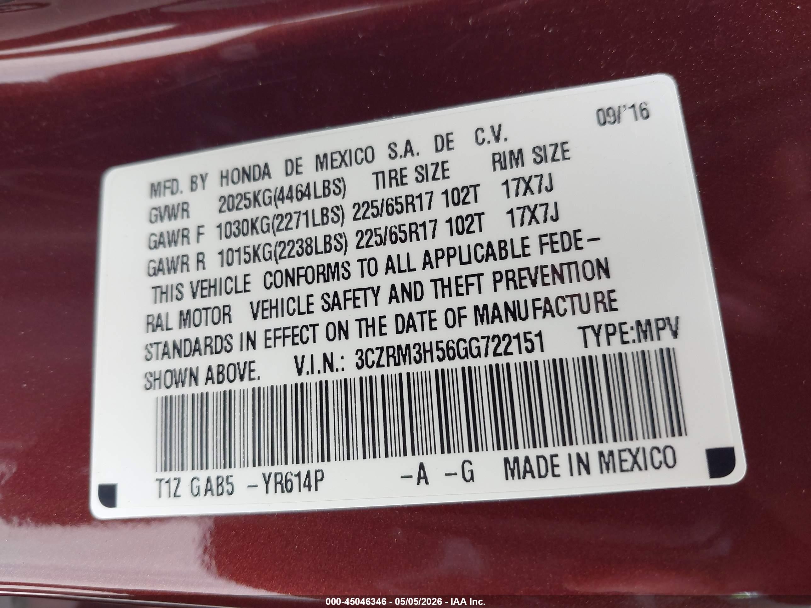 2016 Honda Cr-v Ex Burgundy vin: 3CZRM3H56GG722151