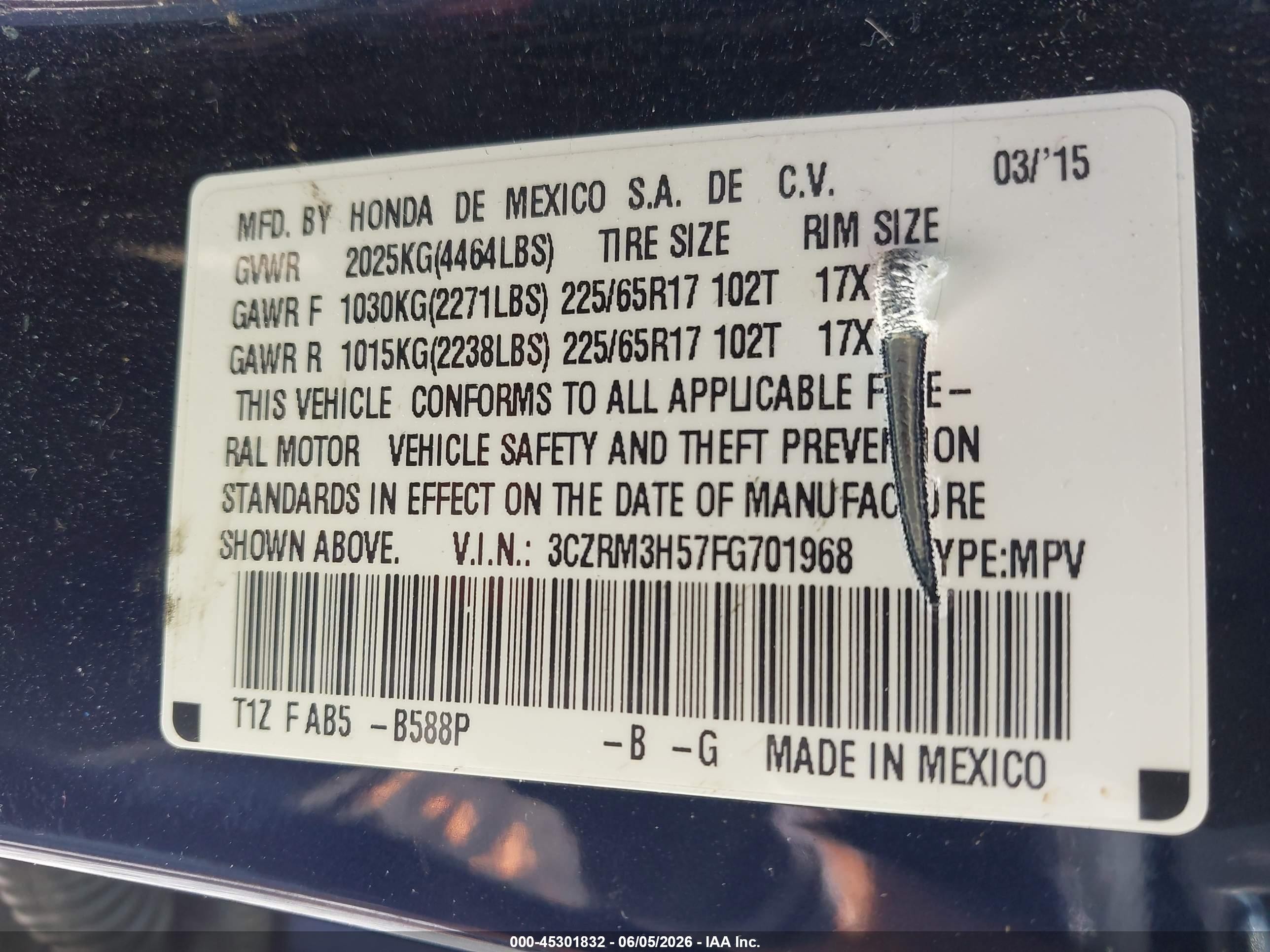 2015 Honda Cr-v Ex Blue vin: 3CZRM3H57FG701968