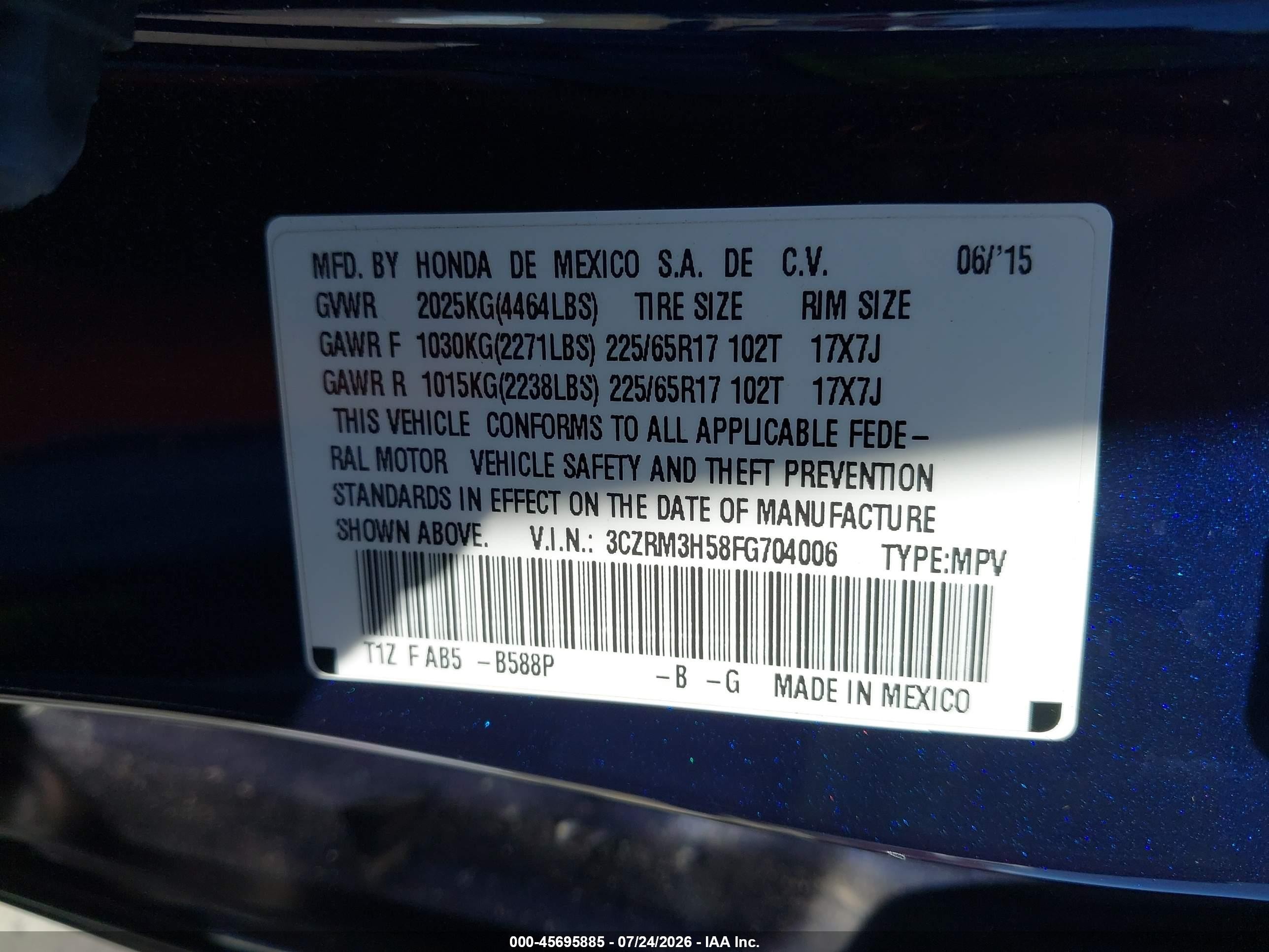 2015 Honda Cr-v Ex Blue vin: 3CZRM3H58FG704006