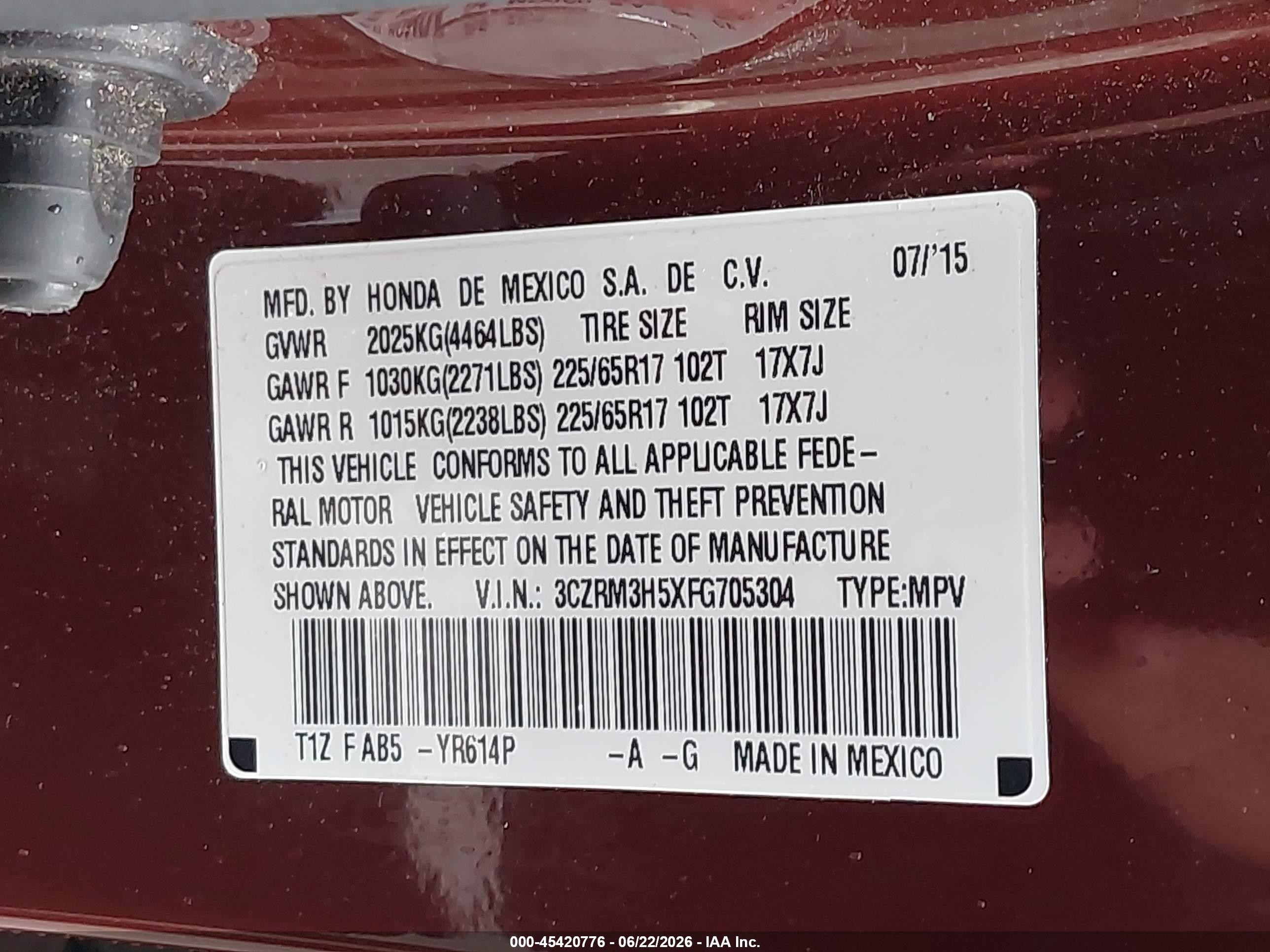 2015 Honda Cr-v Ex Maroon vin: 3CZRM3H5XFG705304