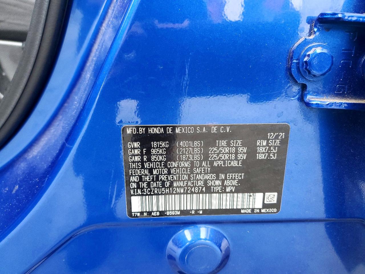 2022 Honda Hr-v Sport Blue vin: 3CZRU5H12NM724874