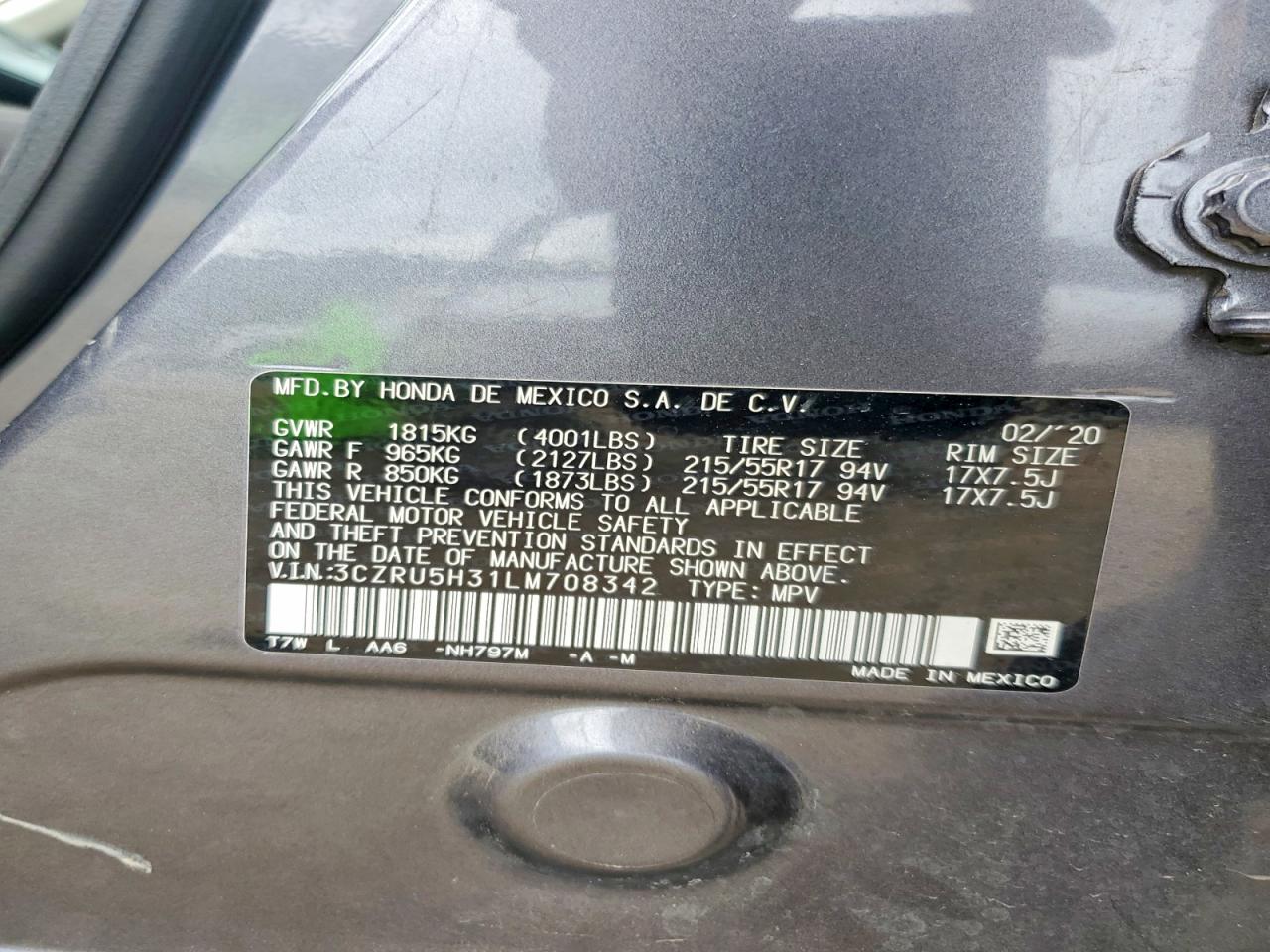 2020 Honda Hr-v Lx Gray vin: 3CZRU5H31LM708342