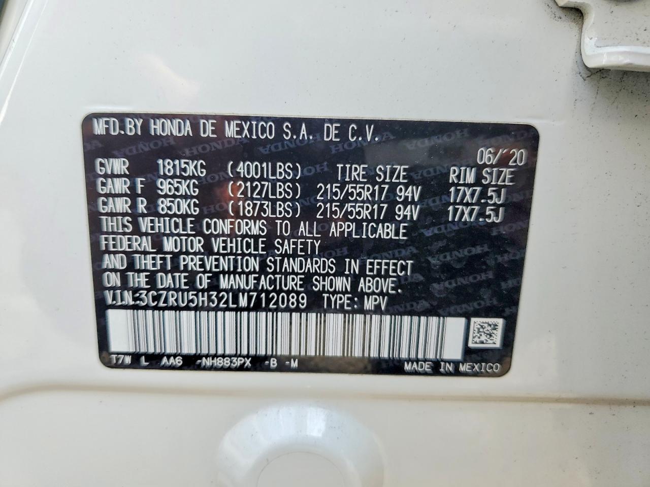 2020 Honda Hr-v Lx White vin: 3CZRU5H32LM712089