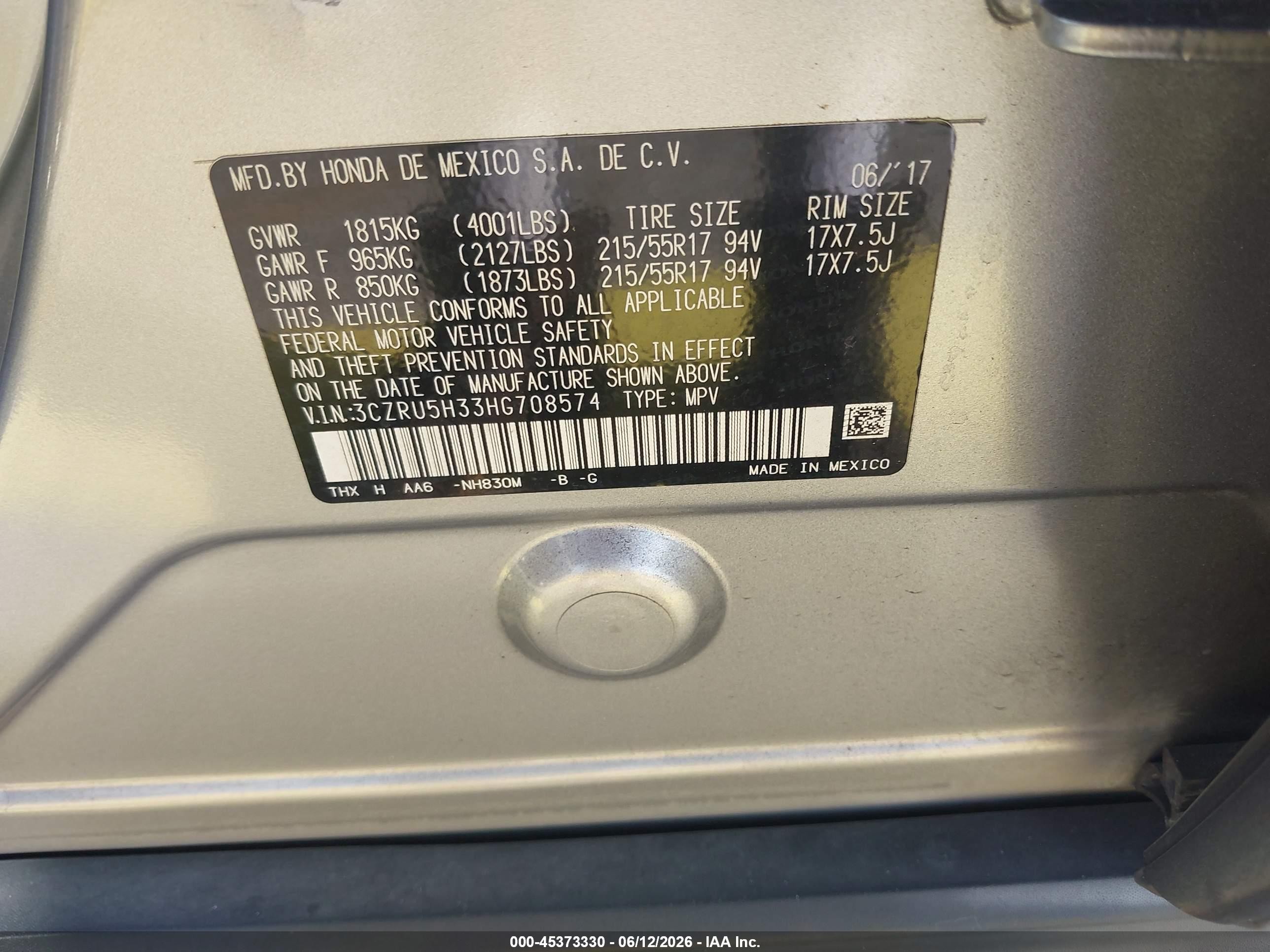 2017 Honda Hr-v Lx Gray vin: 3CZRU5H33HG708574