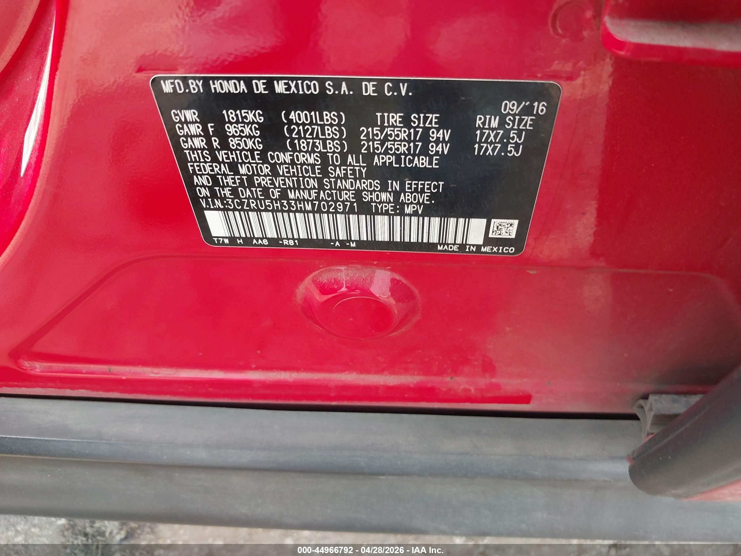 2017 Honda Hr-v Lx Red vin: 3CZRU5H33HM702971