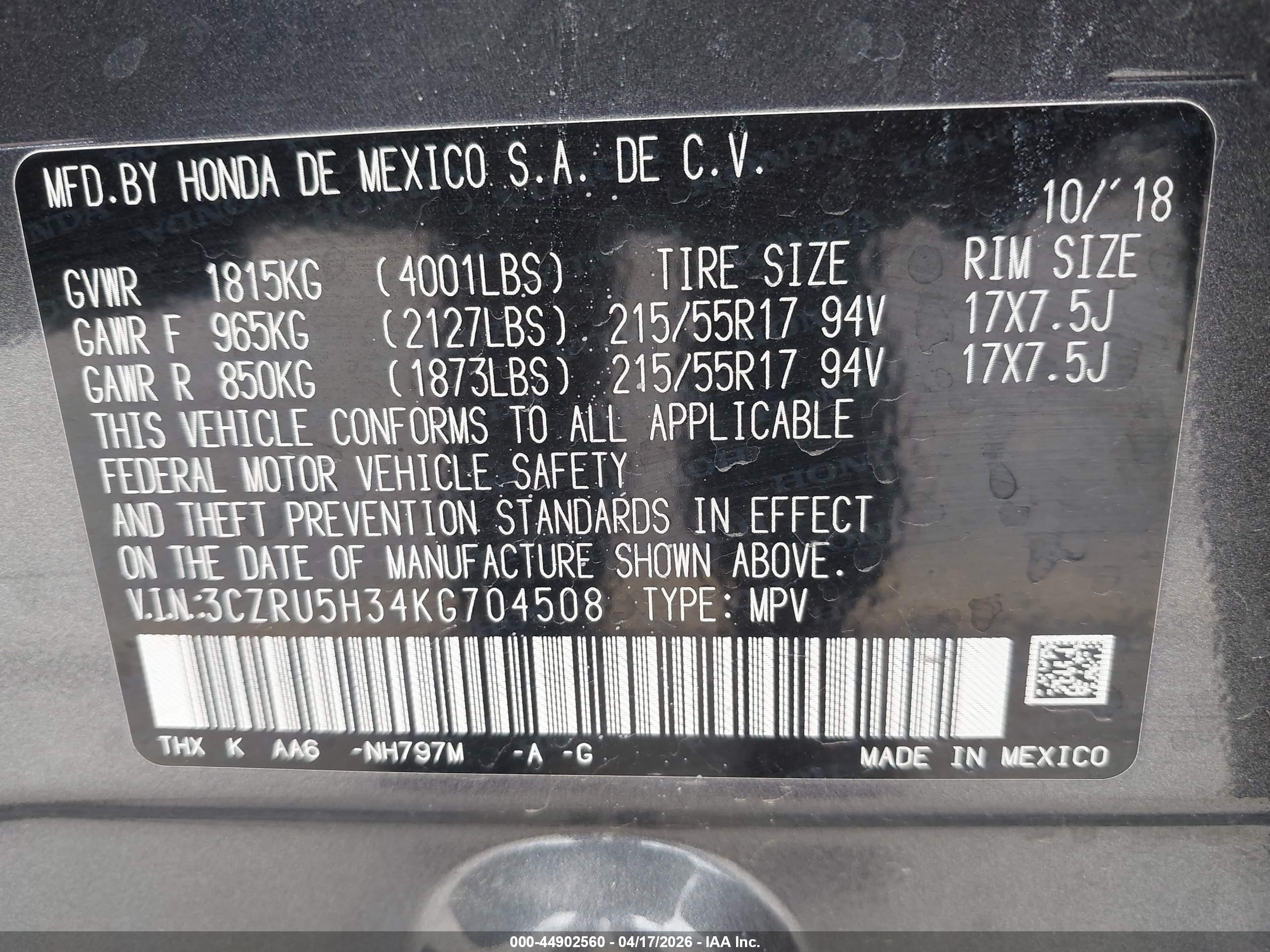2019 Honda Hr-v Lx Серый vin: 3CZRU5H34KG704508
