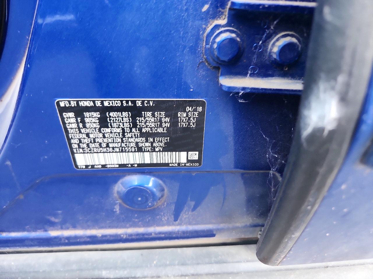 2018 Honda Hr-v Lx Blue vin: 3CZRU5H36JM715591