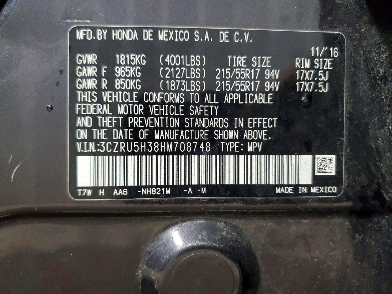 2017 Honda Hr-v Lx Gray vin: 3CZRU5H38HM708748