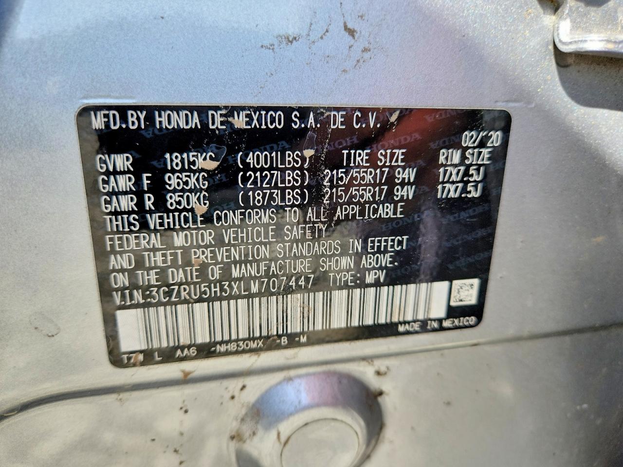 2020 Honda Hr-v Lx Silver vin: 3CZRU5H3XLM707447