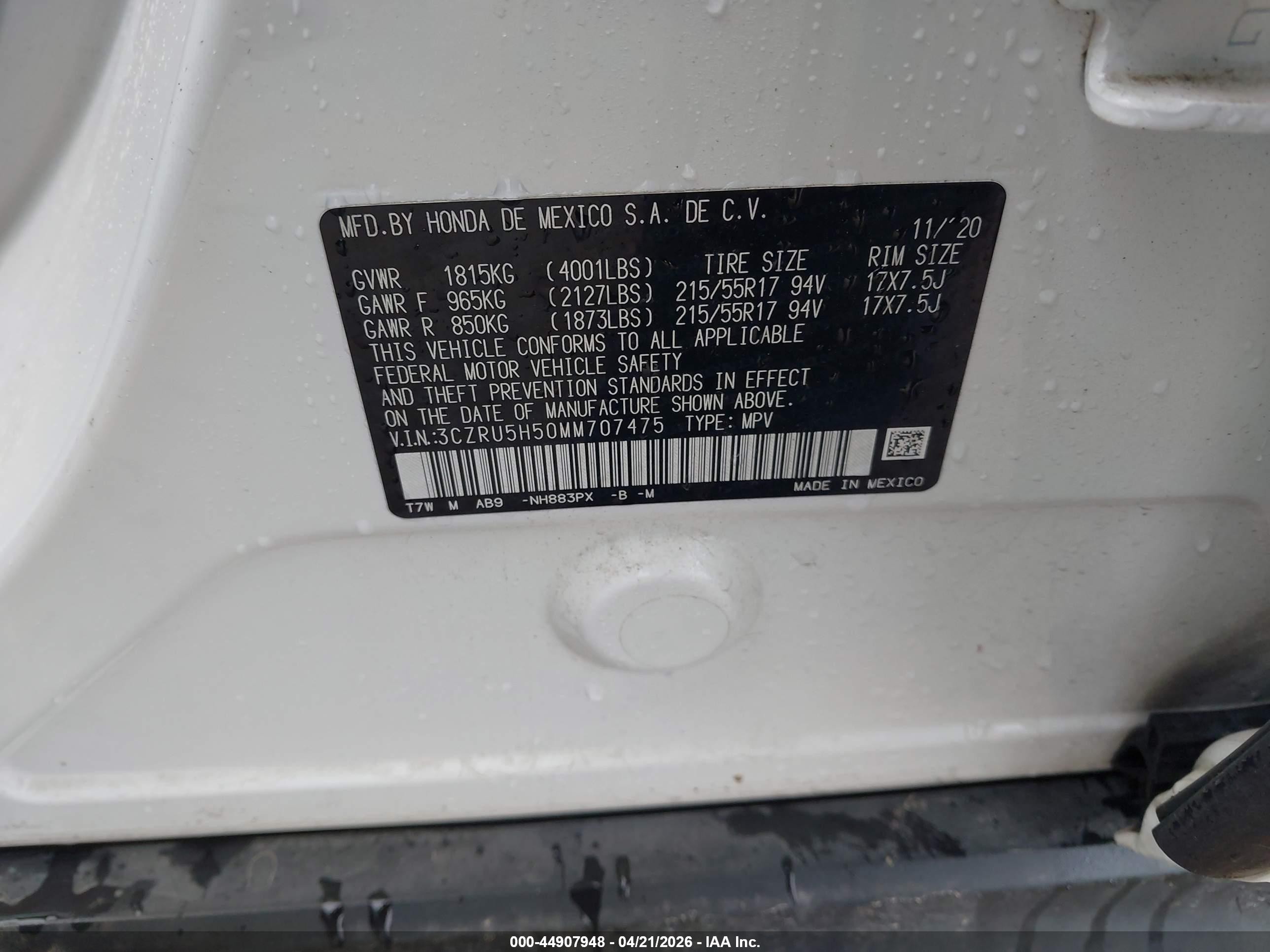 2021 Honda Hr-v 2wd Ex White vin: 3CZRU5H50MM707475