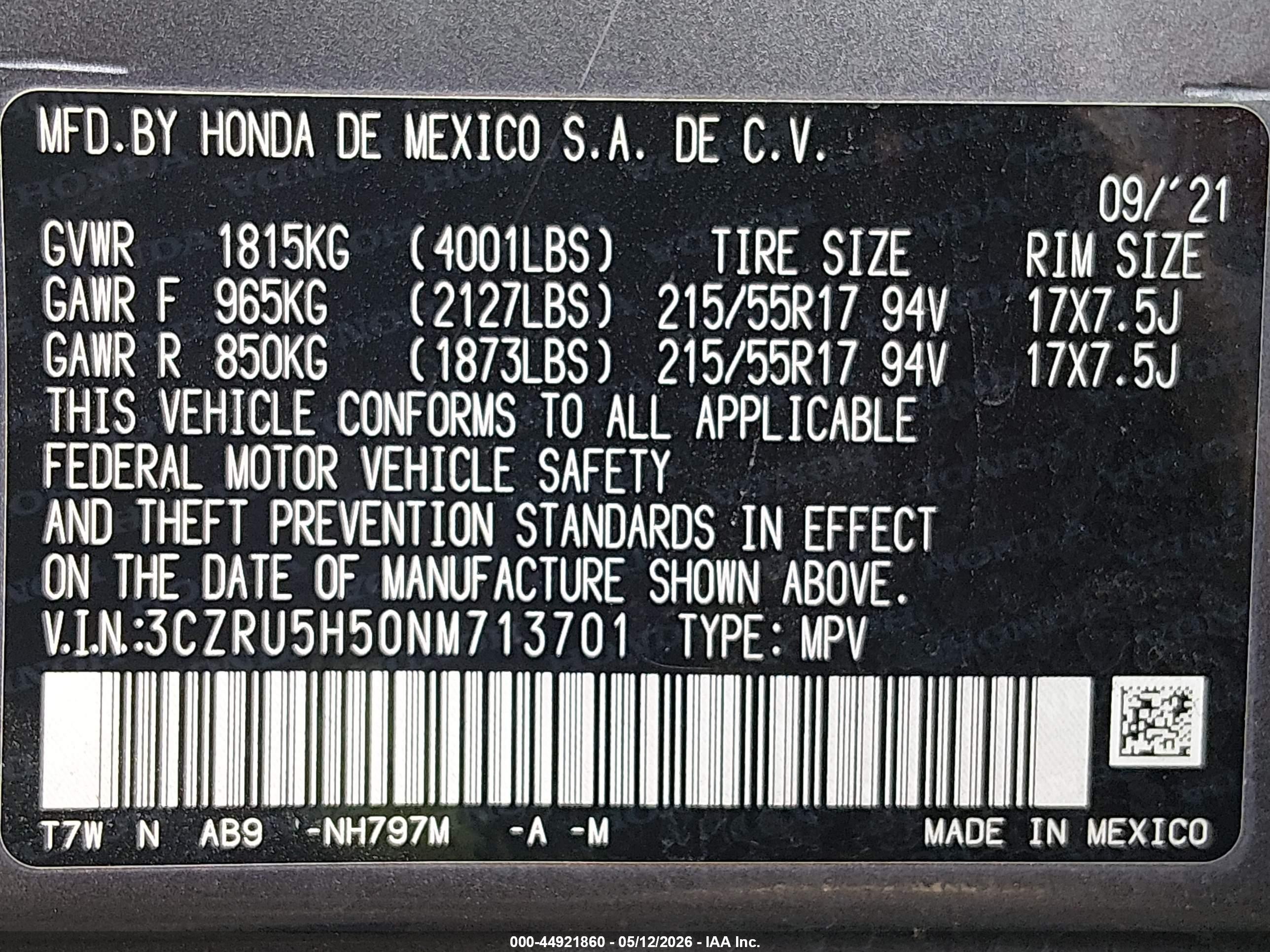 2022 Honda Hr-v 2wd Ex Серый vin: 3CZRU5H50NM713701