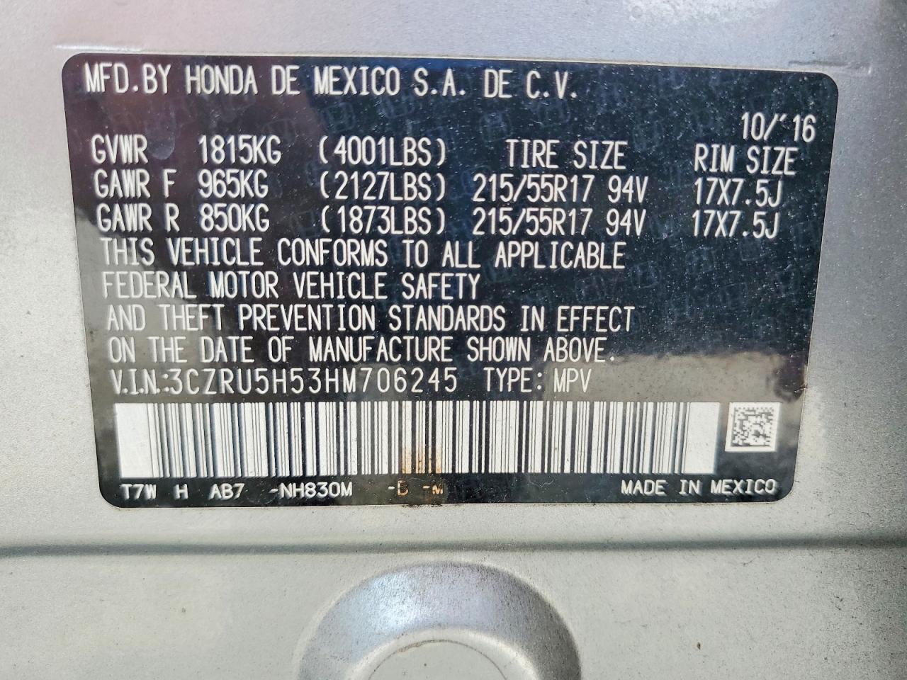 2017 Honda Hr-v Ex Silver vin: 3CZRU5H53HM706245