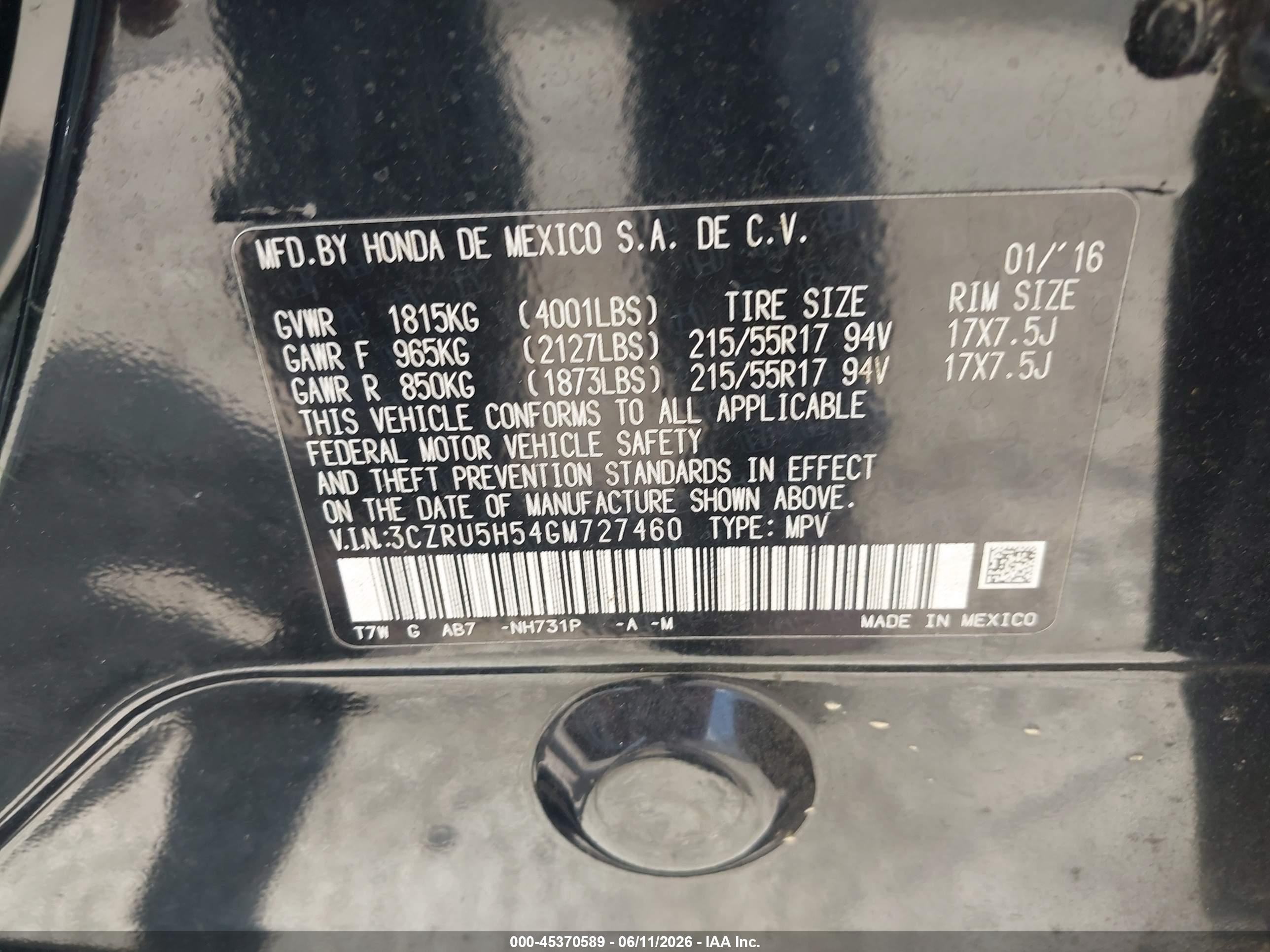 2016 Honda Hr-v Ex Black vin: 3CZRU5H54GM727460