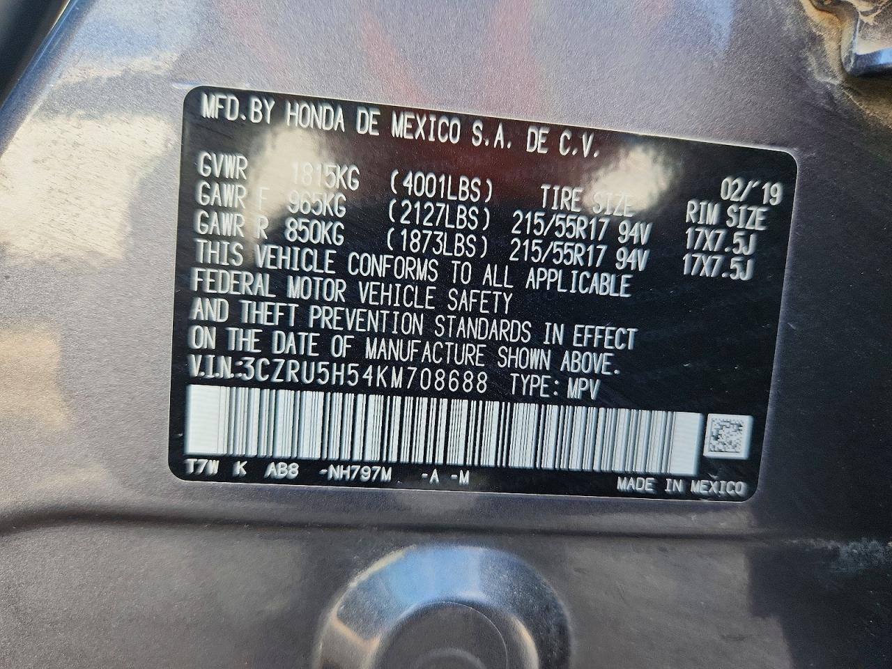 2019 Honda Hr-v Ex Silver vin: 3CZRU5H54KM708688