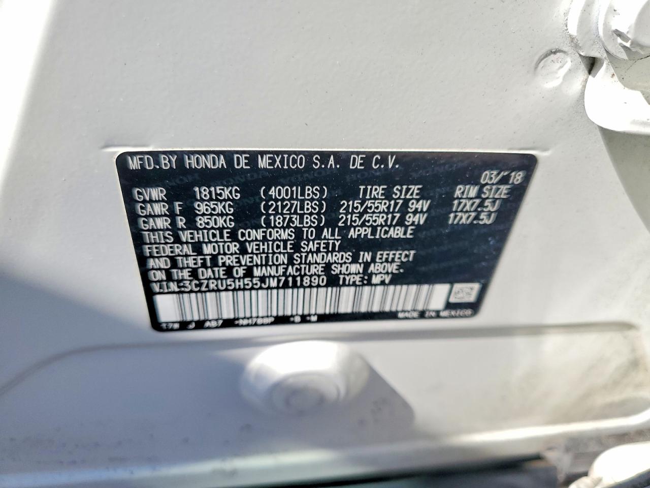 2018 Honda Hr-v Ex White vin: 3CZRU5H55JM711890