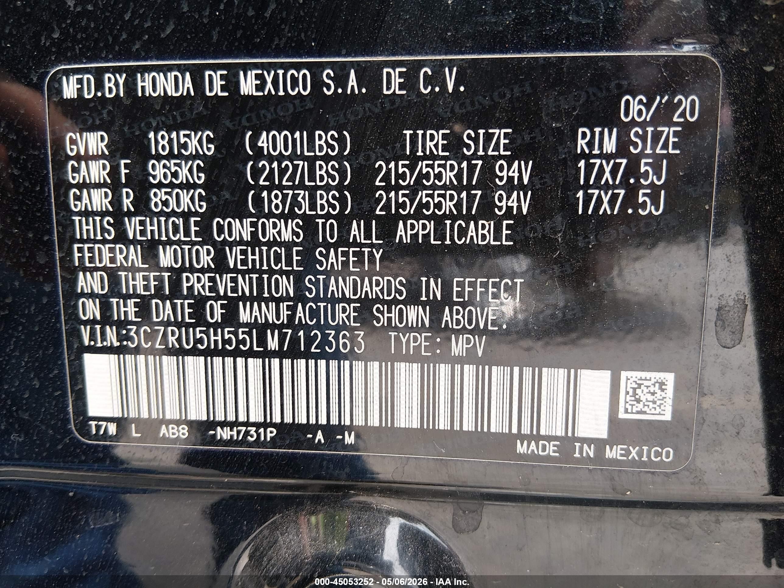 2020 Honda Hr-v 2wd Ex Black vin: 3CZRU5H55LM712363