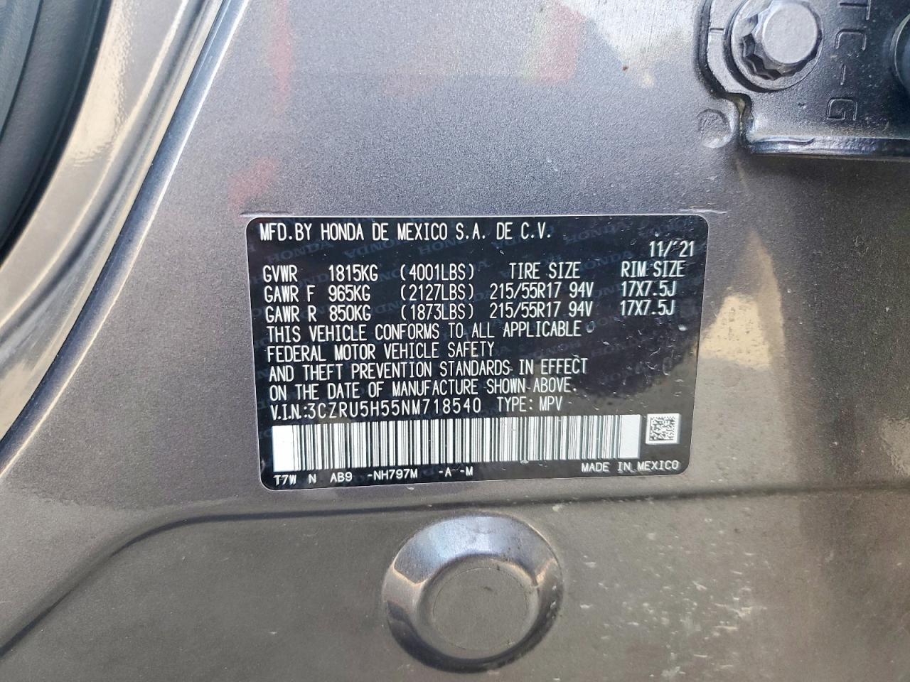 2022 Honda Hr-v Ex Угольный vin: 3CZRU5H55NM718540