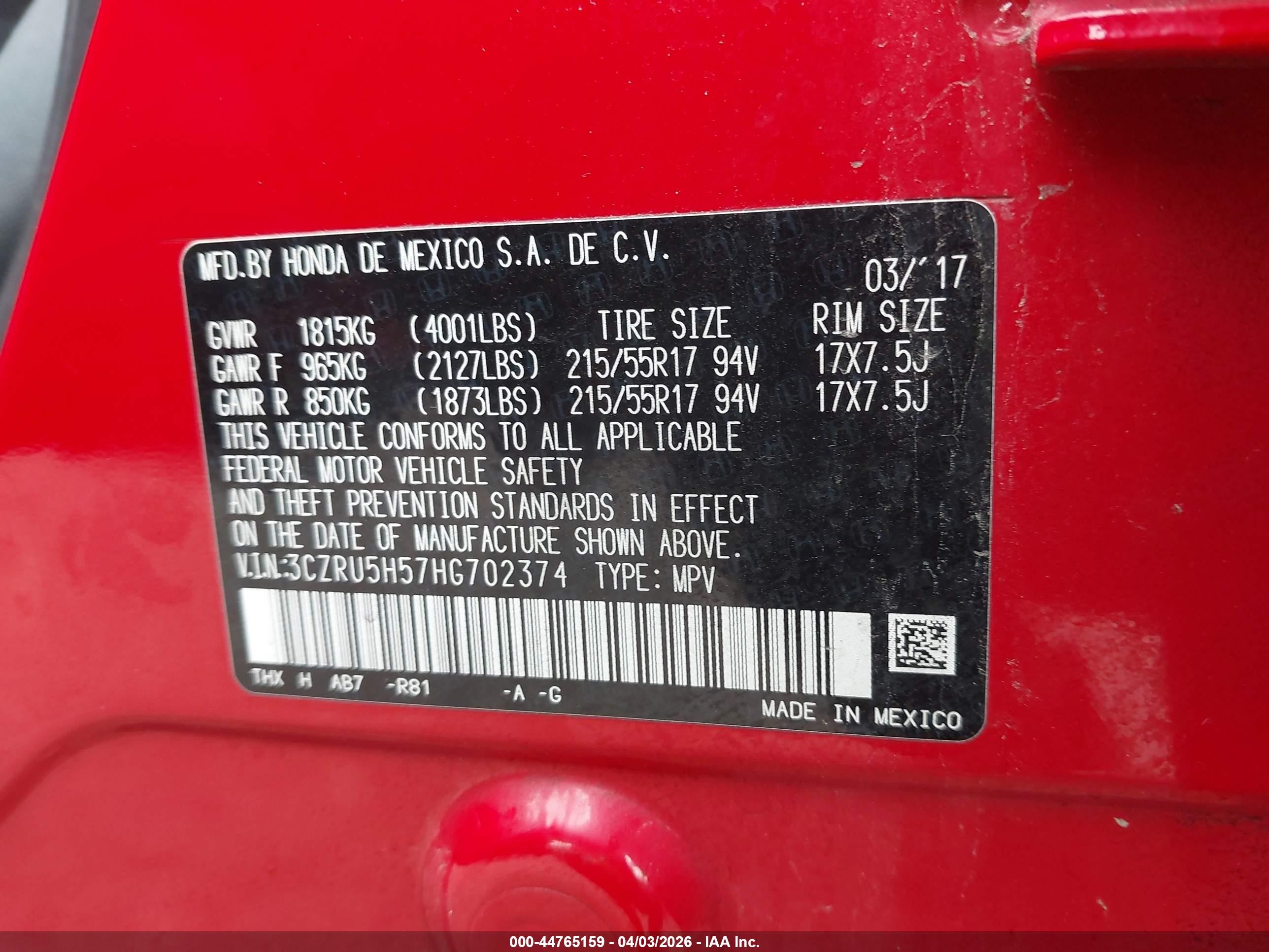 2017 Honda Hr-v Ex Red vin: 3CZRU5H57HG702374