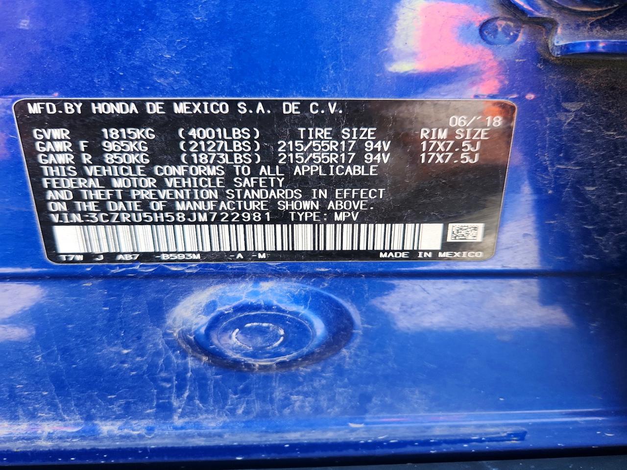2018 Honda Hr-v Ex Blue vin: 3CZRU5H58JM722981