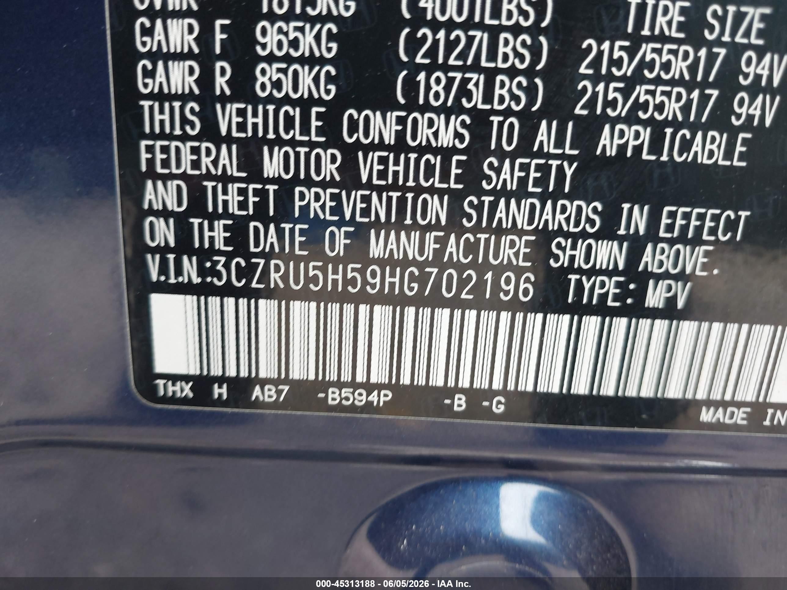 2017 Honda Hr-v Ex Blue vin: 3CZRU5H59HG702196