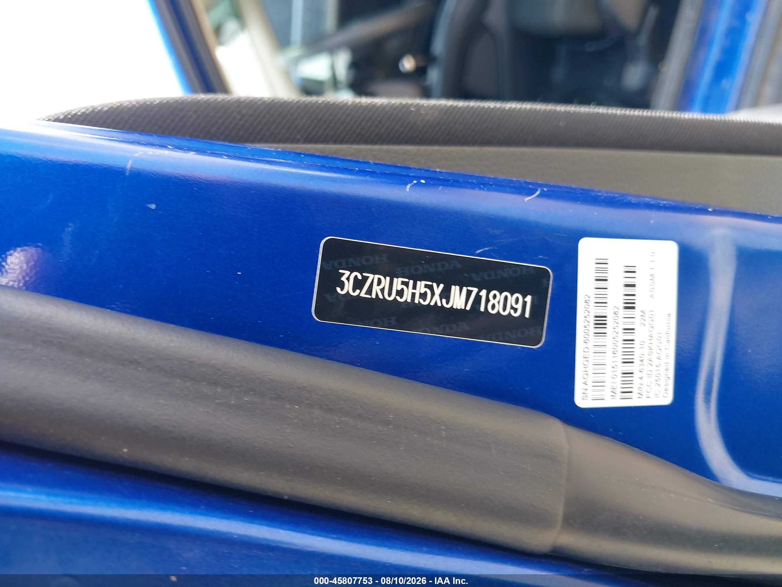 2018 Honda Hr-v Ex Blue vin: 3CZRU5H5XJM718091