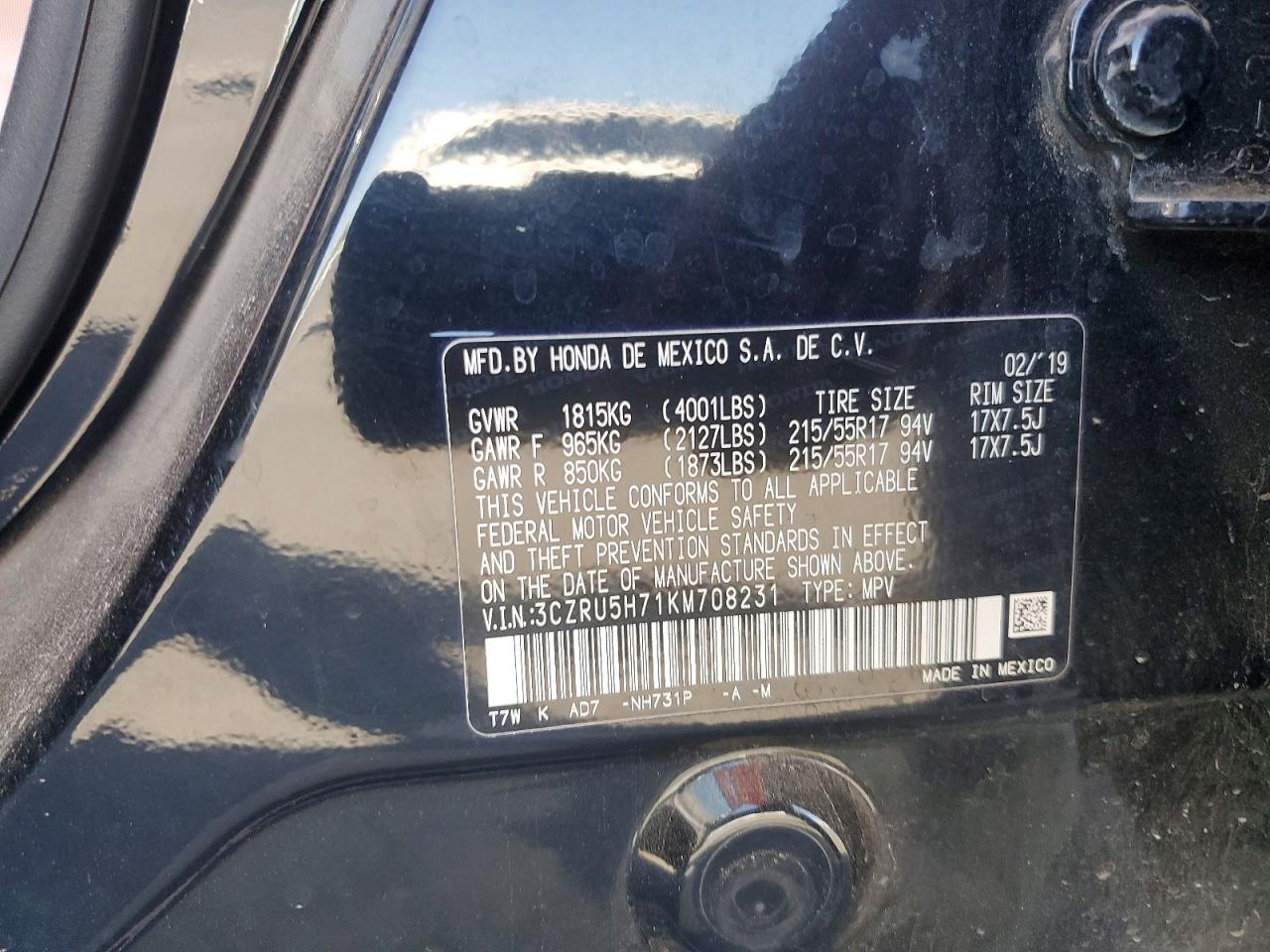 2019 Honda Hr-v Exl Black vin: 3CZRU5H71KM708231