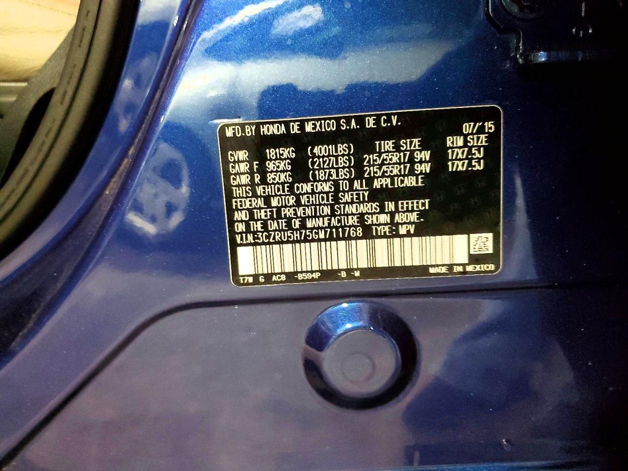 2016 Honda Hr-v Exl Blue vin: 3CZRU5H75GM711768