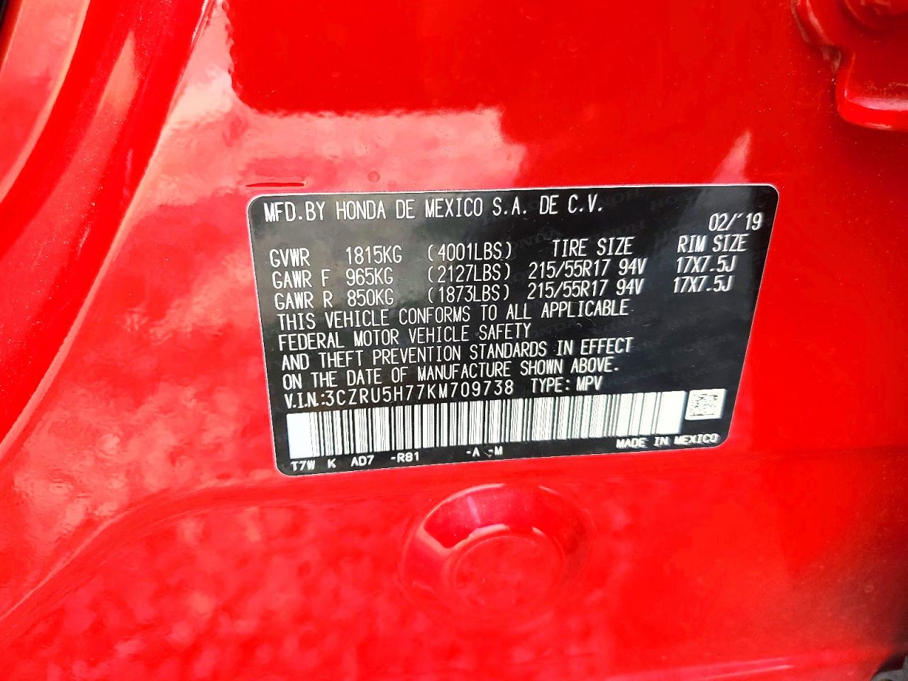 2019 Honda Hr-v Exl Red vin: 3CZRU5H77KM709738