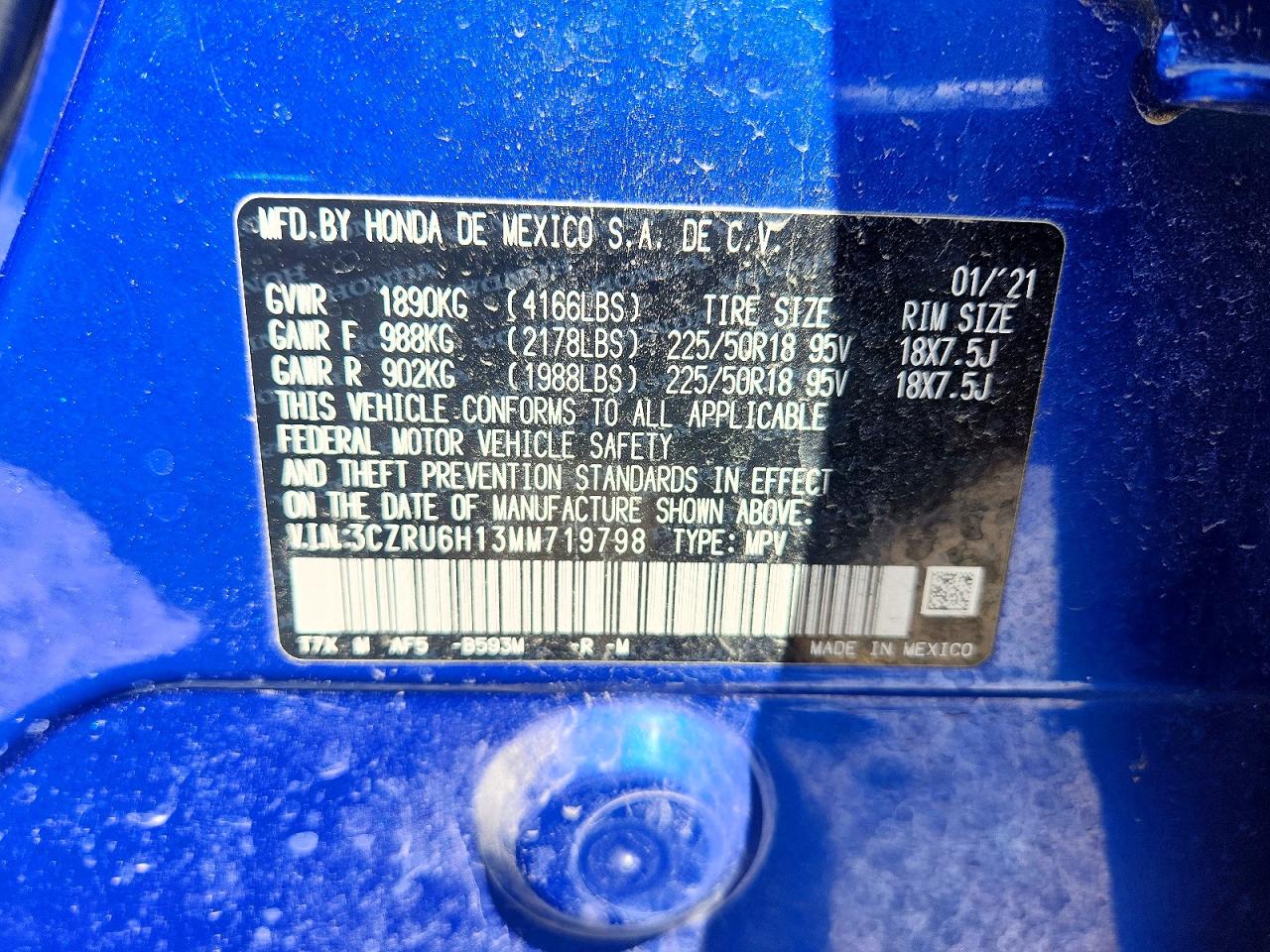 2021 Honda Hr-v Sport Blue vin: 3CZRU6H13MM719798