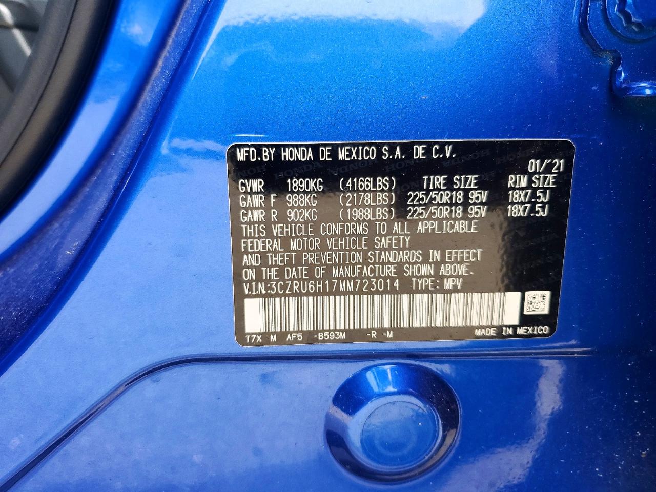 2021 Honda Hr-v Sport Blue vin: 3CZRU6H17MM723014