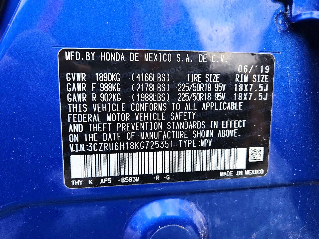 2019 Honda Hr-v Sport Blue vin: 3CZRU6H18KG725351